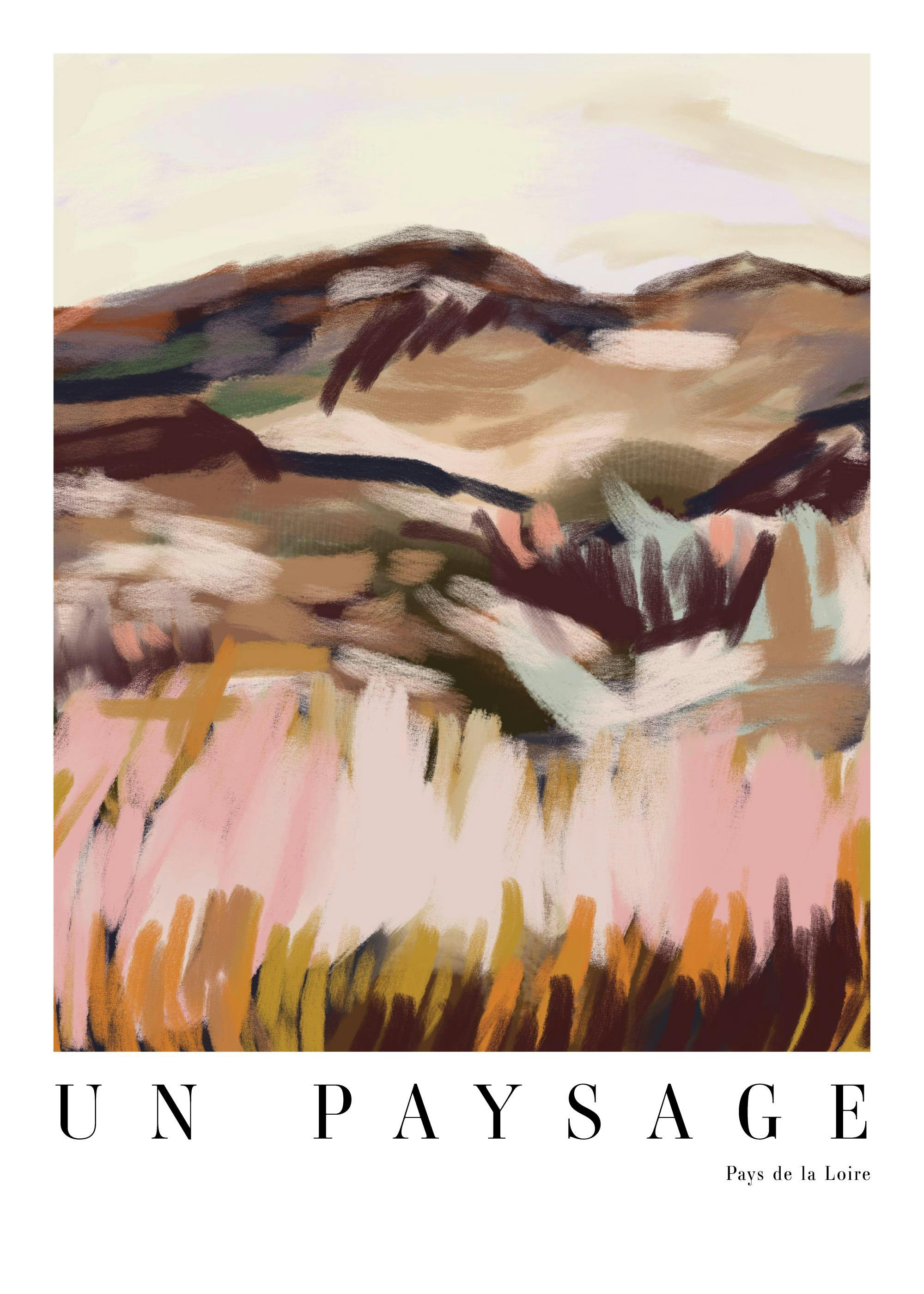 Abstract landscape painting in pink, brown, and beige tones with UN PAYSAGE Pays de la Loire text.