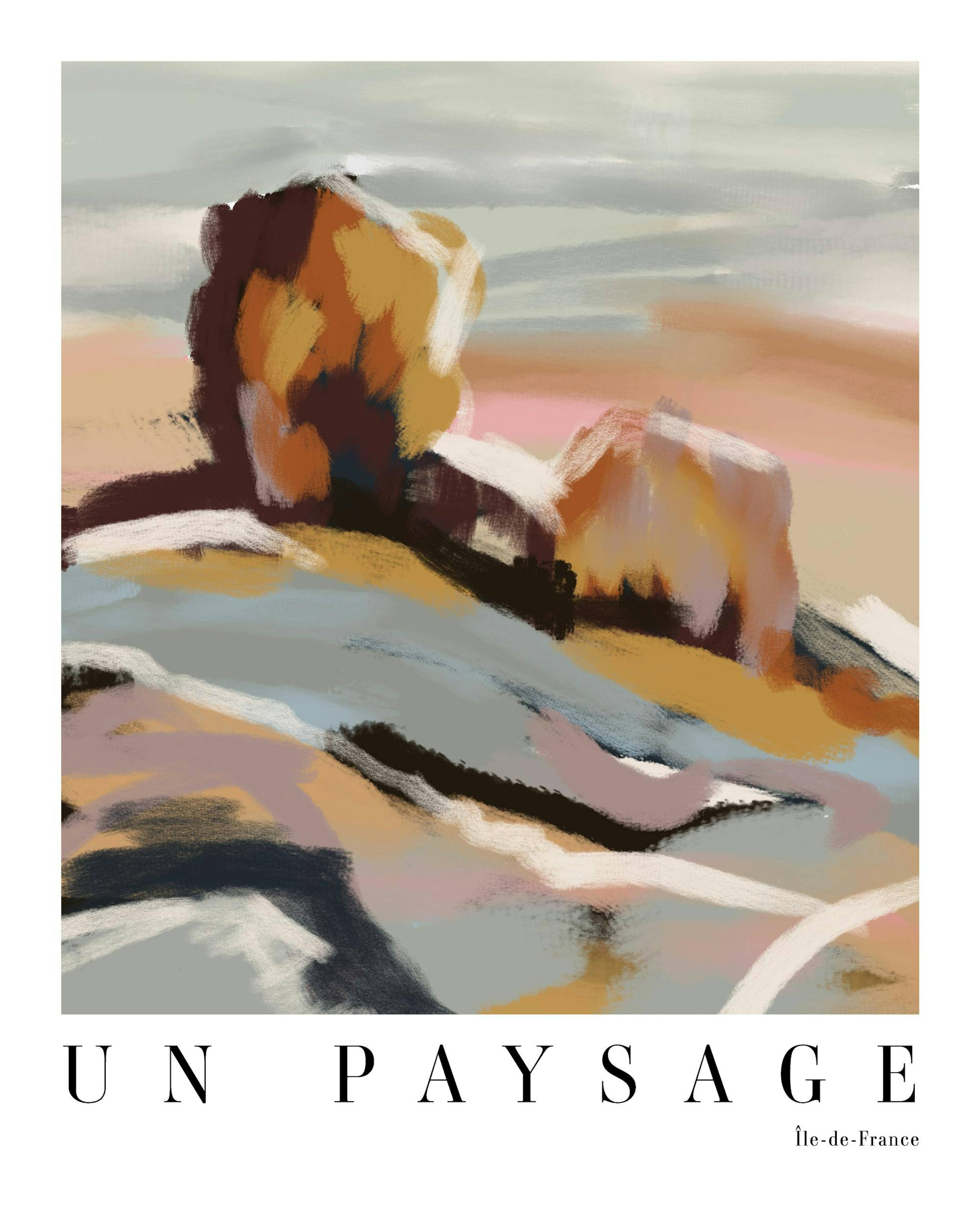 Abstract landscape print in beige, grey, pink, and white with Un Paysage Île-de-France text. French poster art.