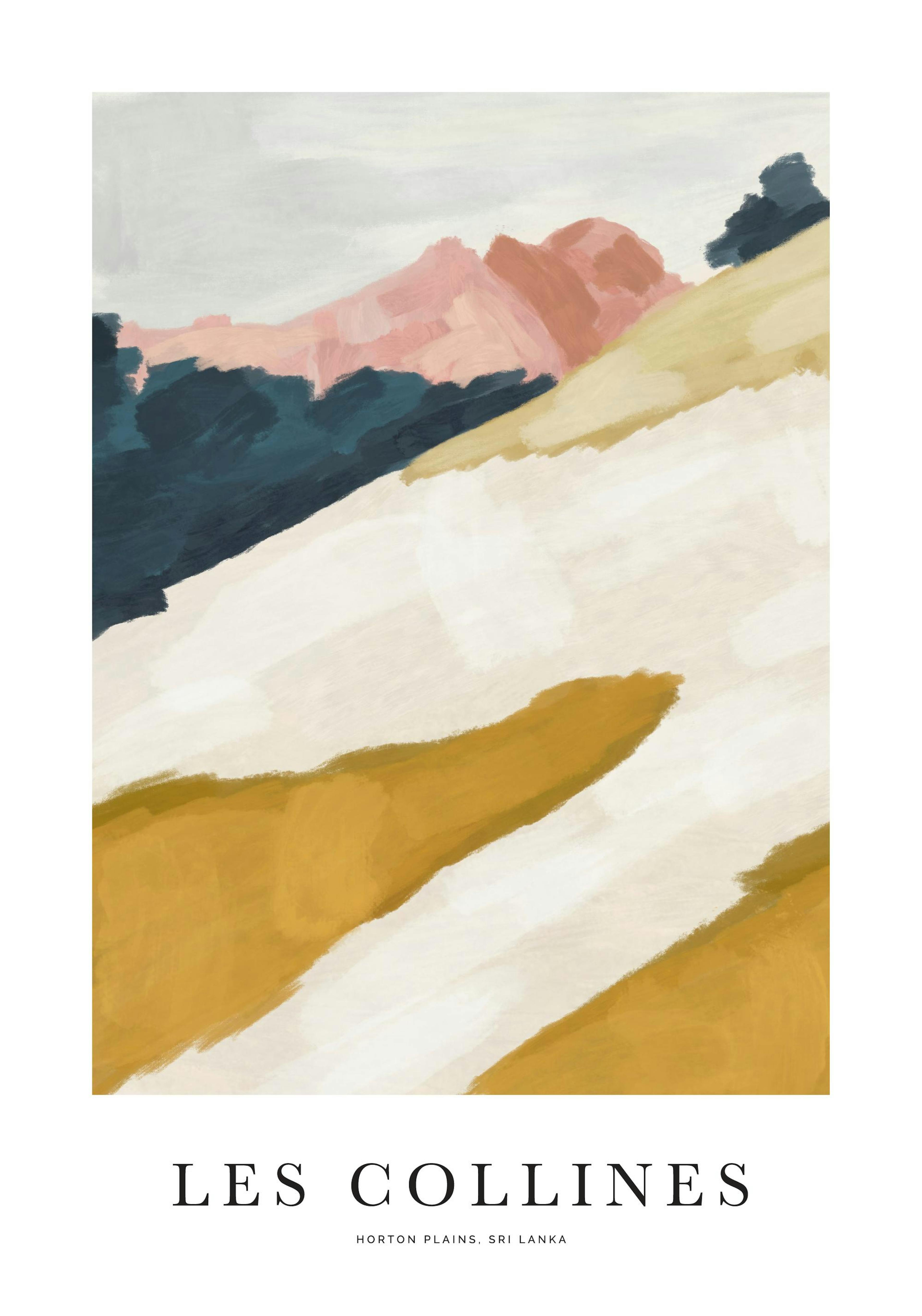 Póster abstracto de paisaje con montañas rosadas, formas diagonales en tonos tierra, azul y blanco.