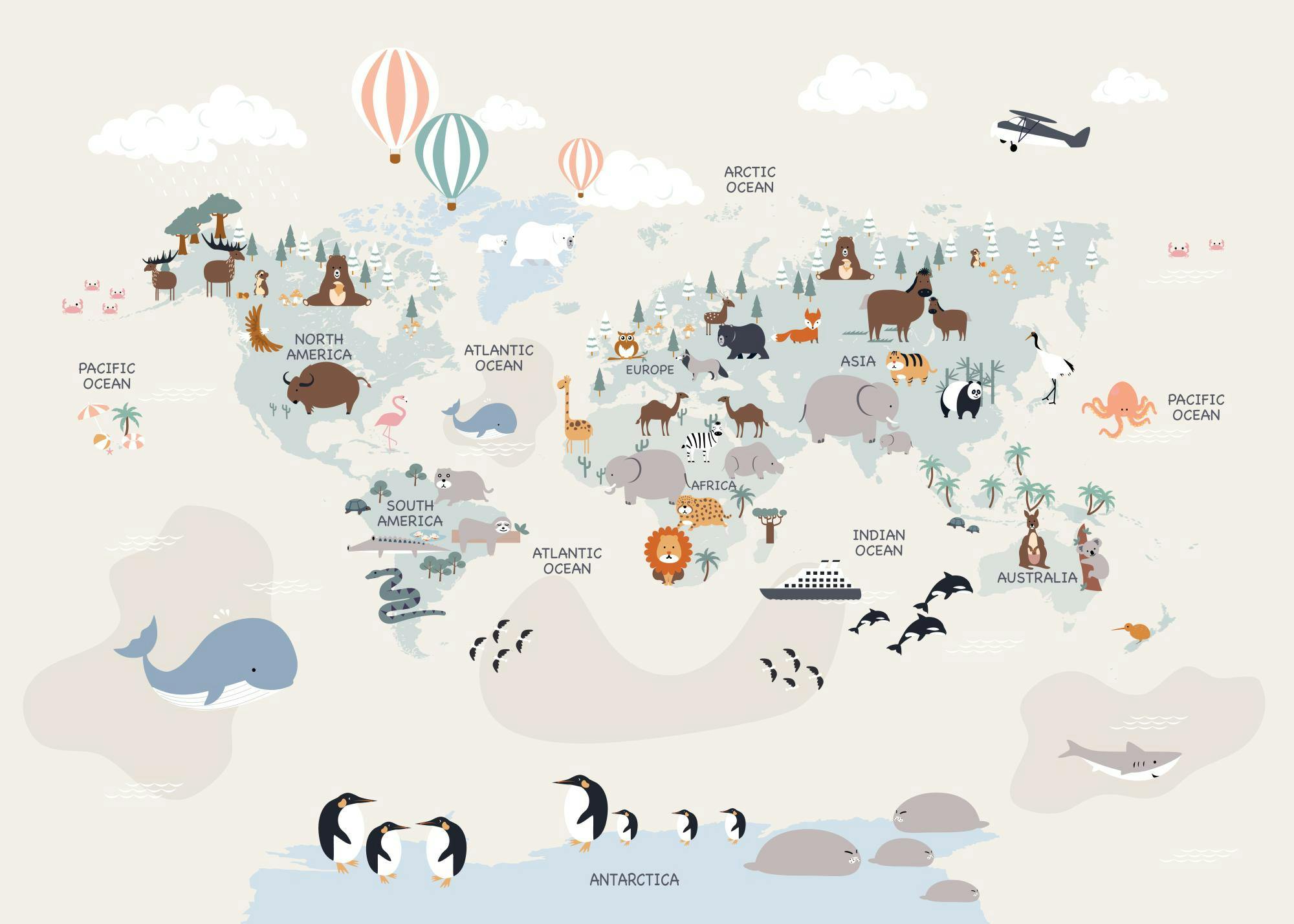 Poster della mappa del mondo beige con continenti e animali, illustrazione animali del mondo.
