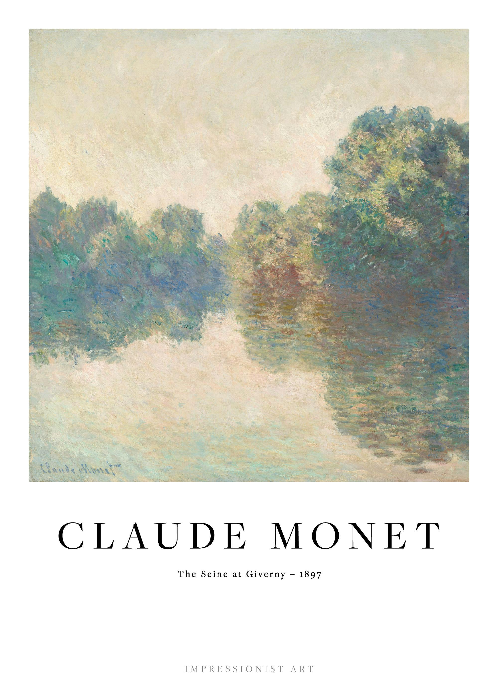 Affiche de Monet, La Seine à Giverny, peinture impressionniste darbres verts et de leur reflet dans leau beige
