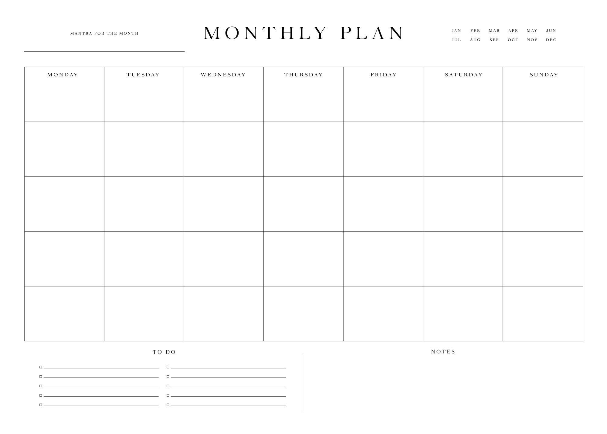 Affiche de plan mensuel en noir et blanc avec grille et texte, parfaite pour une organisation pratique à la maison ou au bureau.
