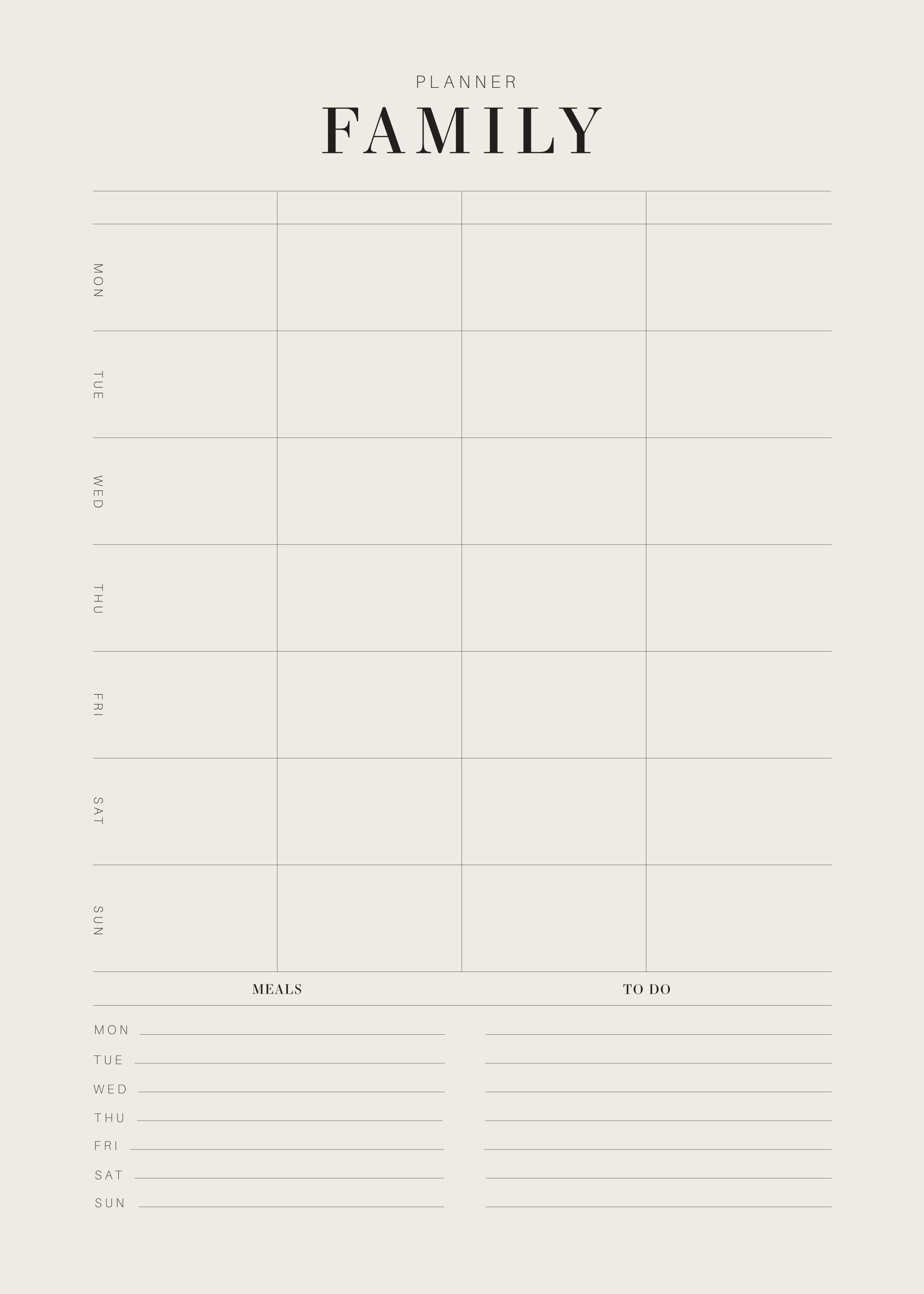 Weekly family planner poster with text, lists, and a neutral beige background in a wood frame.