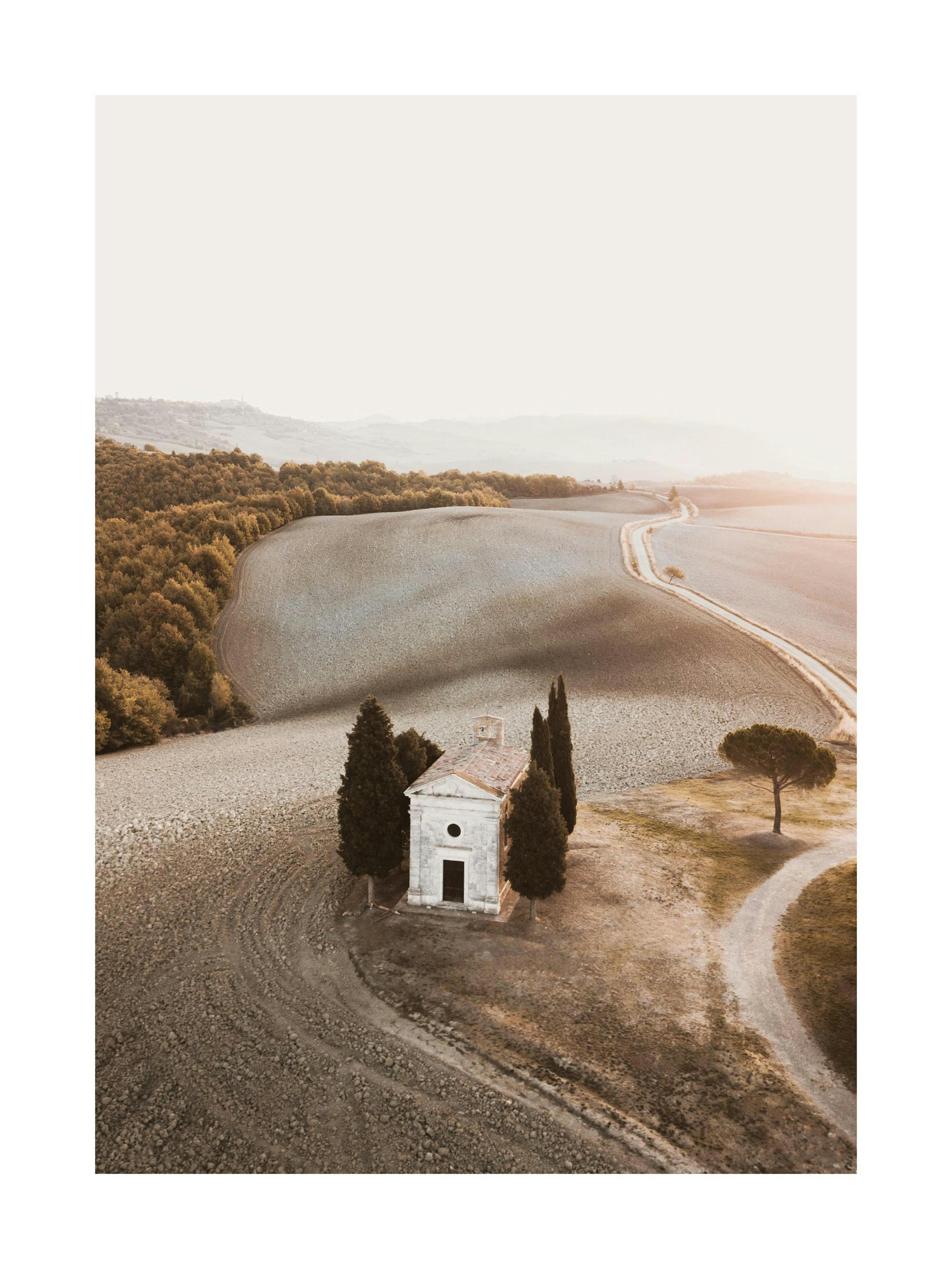 Photograph of a chapel in Tuscany surrounded by fields and trees, a beautiful print and poster.