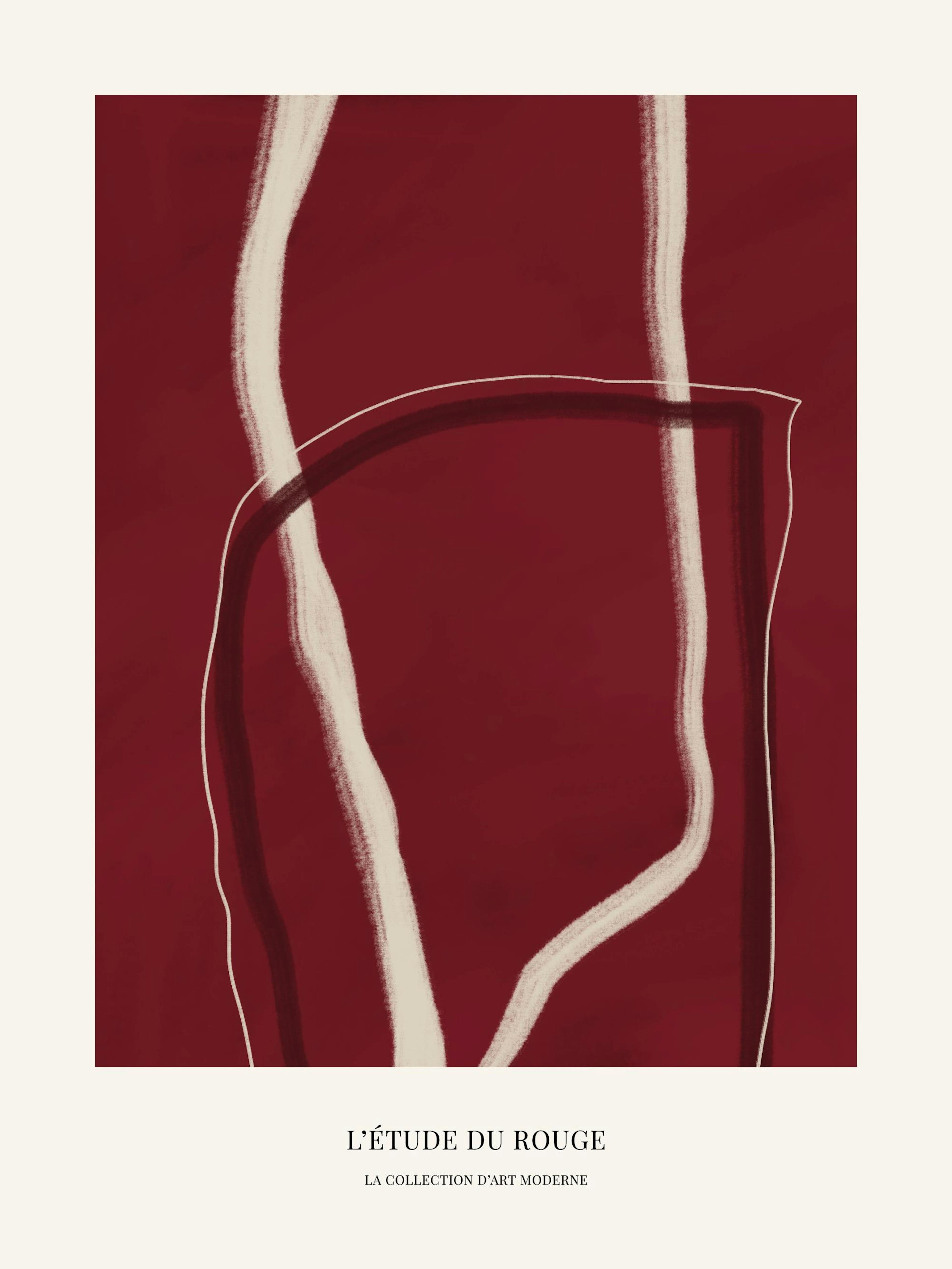 Abstract red poster with light brushstrokes and faint white and dark red lines, text below.