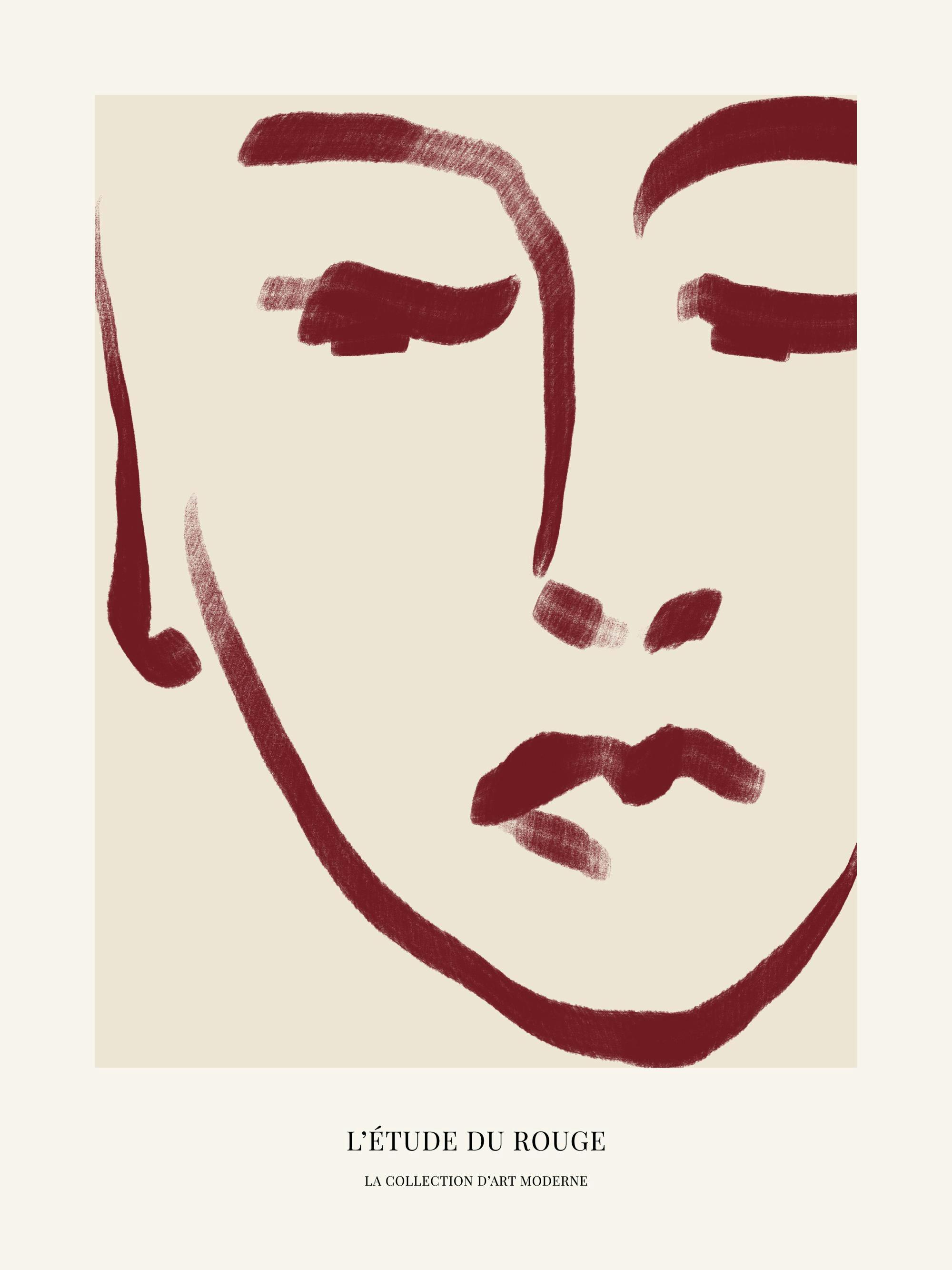 Abstract red line art face on a beige background with red text below, a modern art poster.