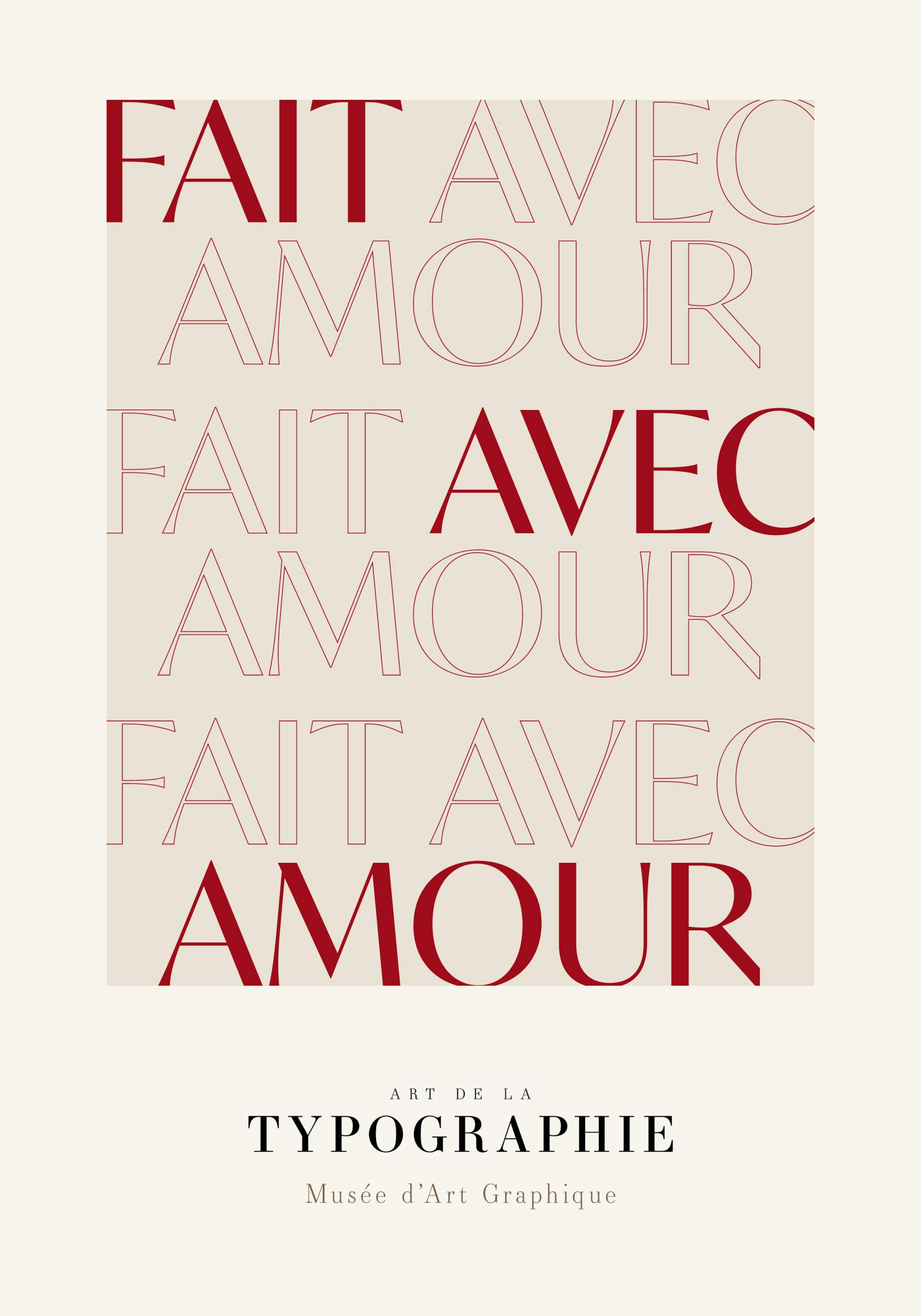 Póster tipográfico beige con texto Fait Avec Amour en rojo oscuro, diseño minimalista