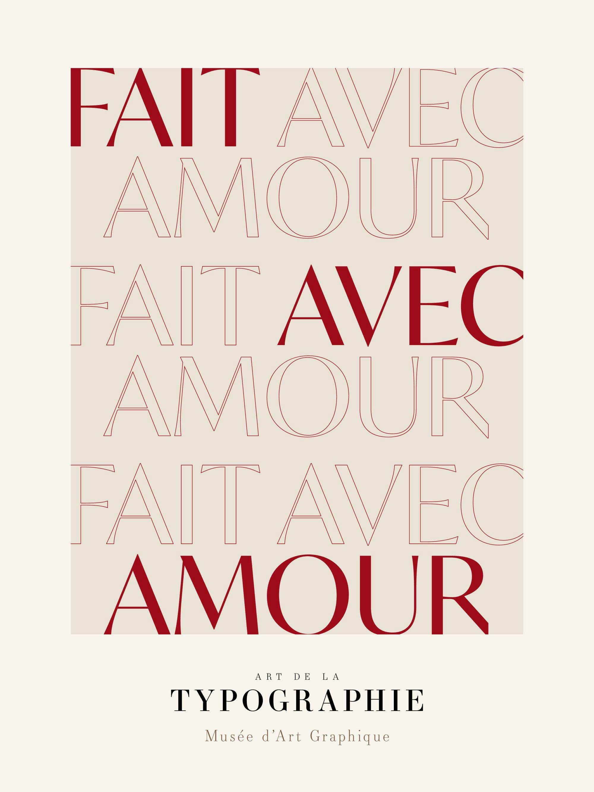 Affiche de typographie avec le texte Fait avec amour en rouge foncé sur fond beige clair