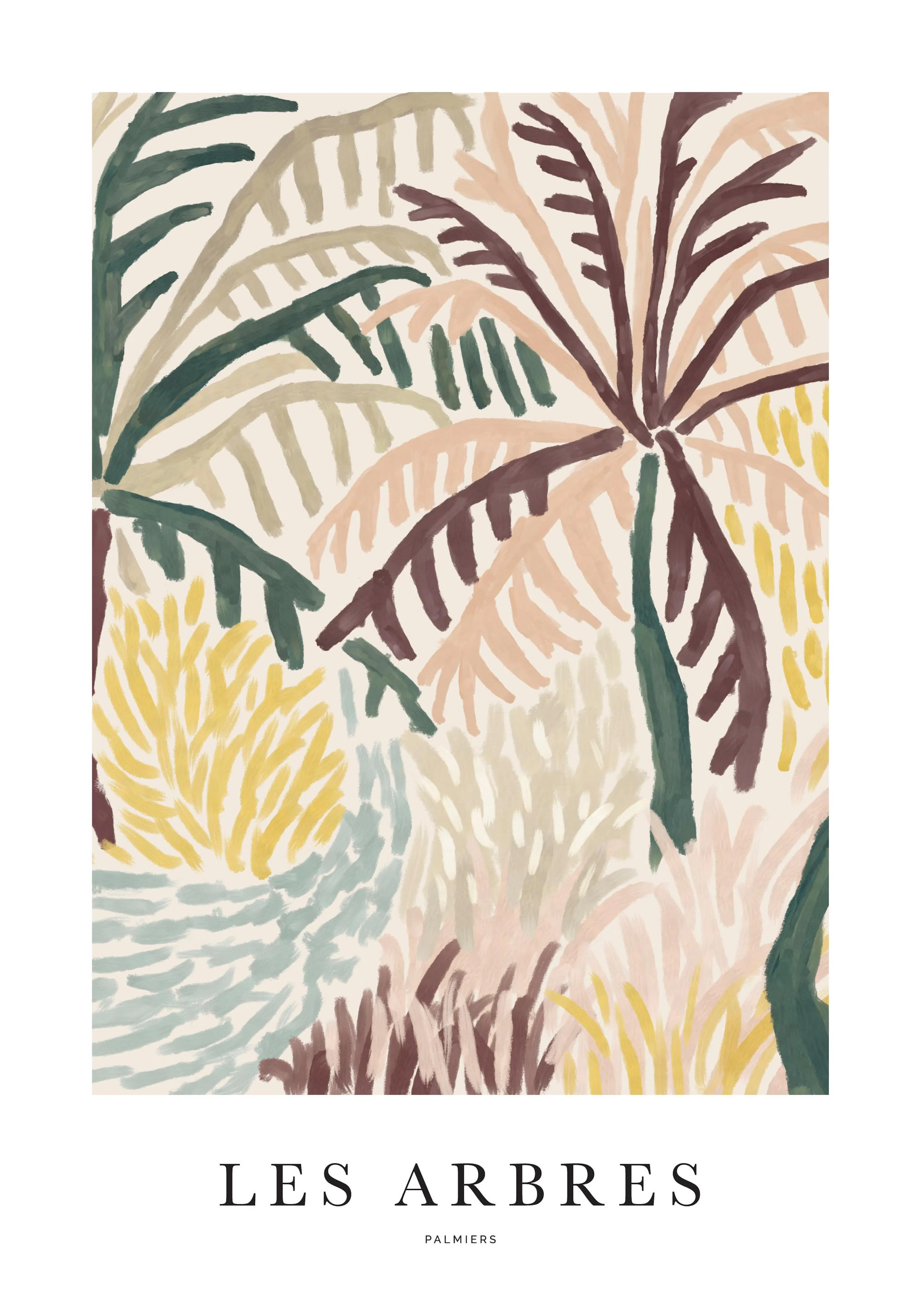 Abstract trees painting in yellow, beige, green, blue tones with text Les Arbres Palmiers at the bottom.
