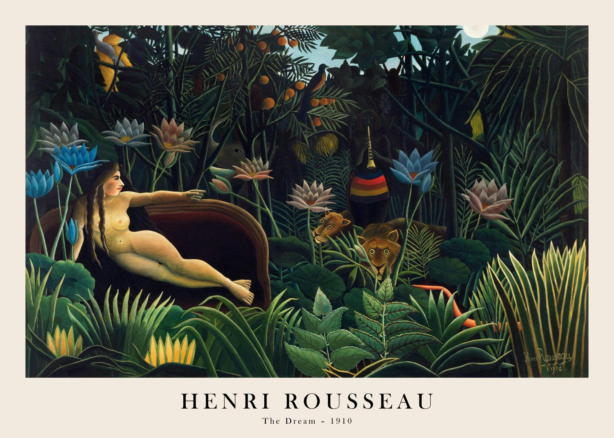 Maleri av en naken kvinne på en sofa i en frodig tropisk jungel med eksotiske dyr og planter. Rousseau kunst.
