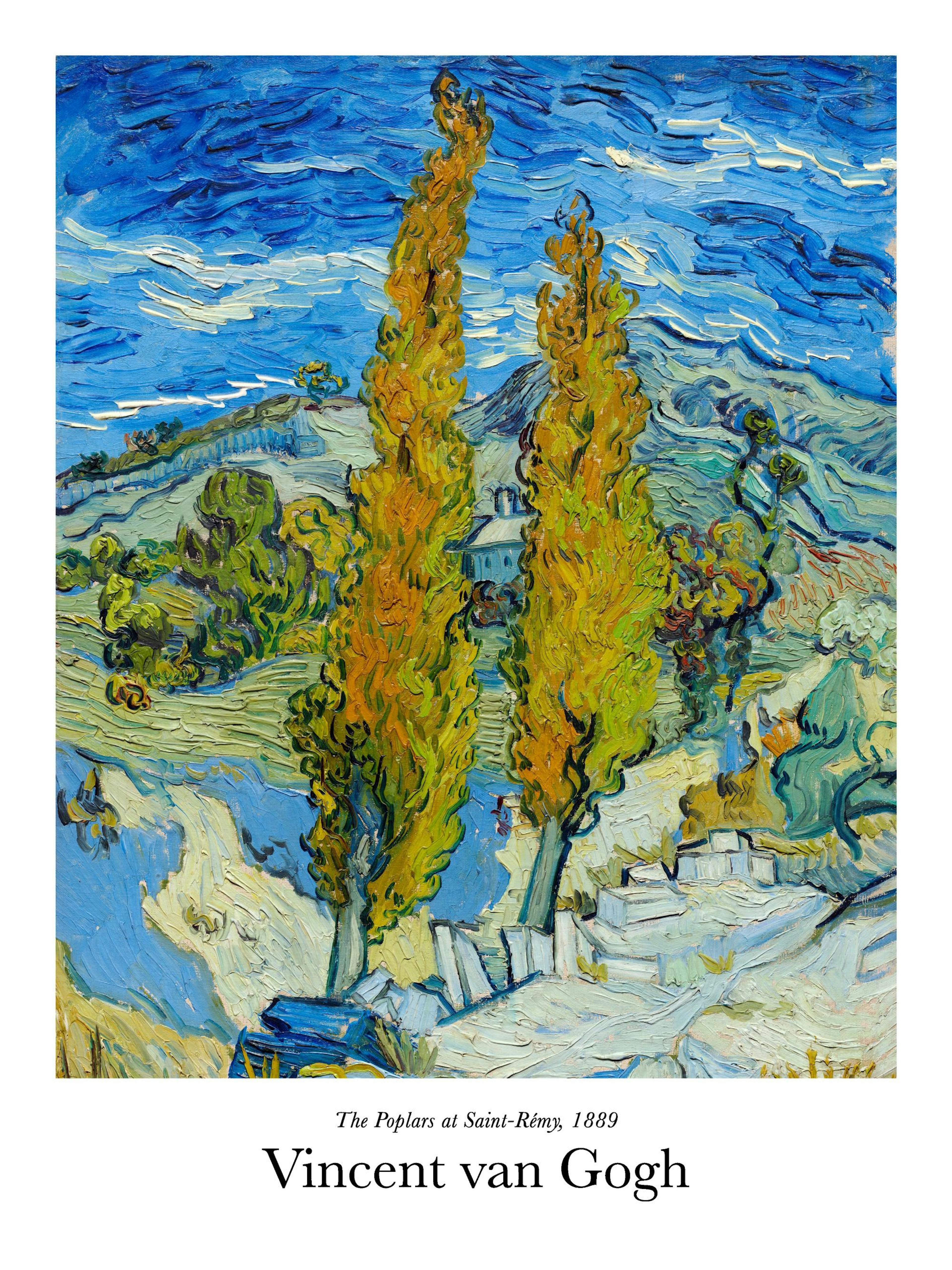 Van Goghs The Poplars at Saint-Rémy print, a blue and green landscape poster with tall trees against a blue sky.