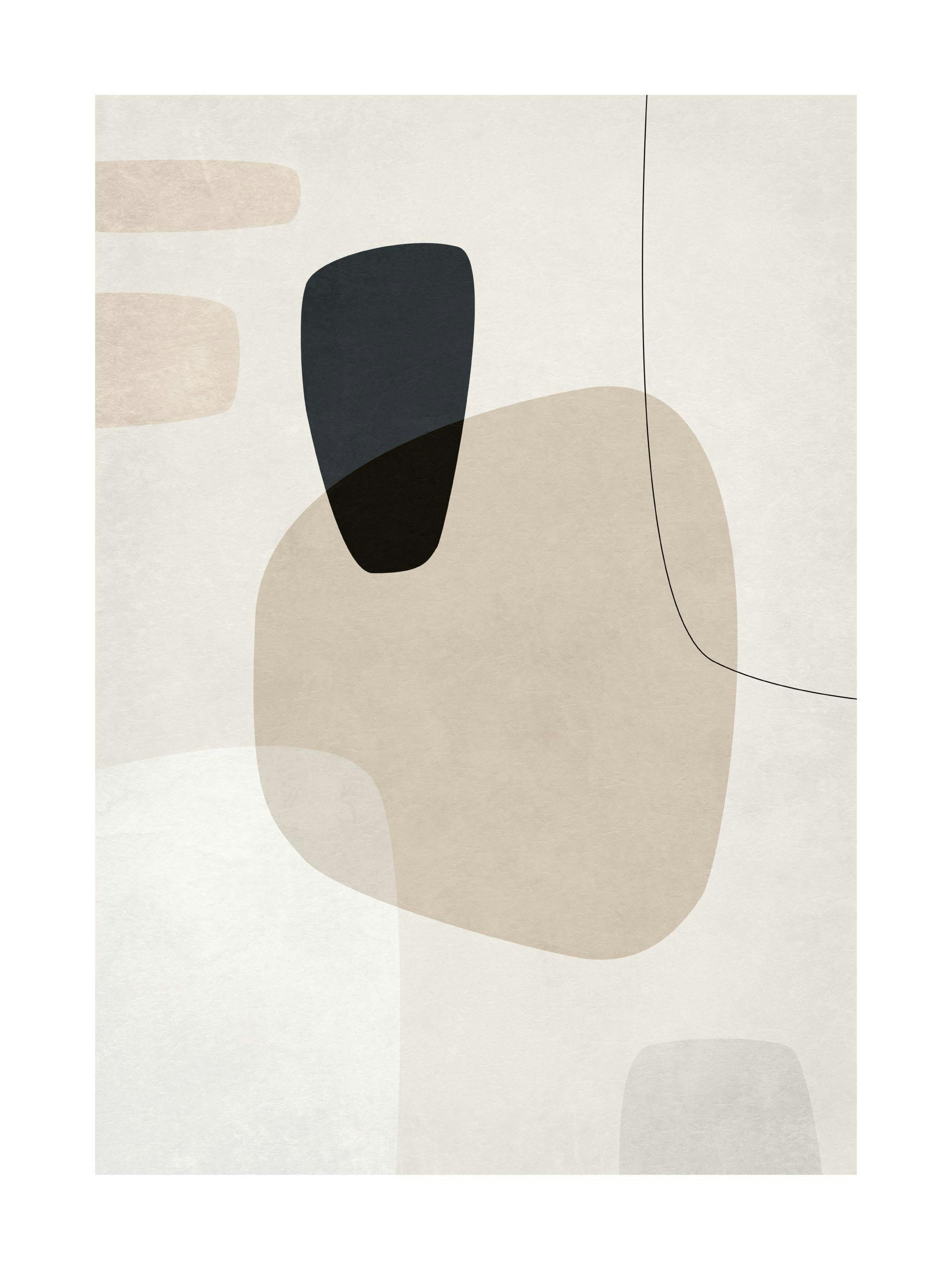 Grafisk posters med beige, mörkgrå och vita former, samt smala linjer på en ljusbeige bakgrund.