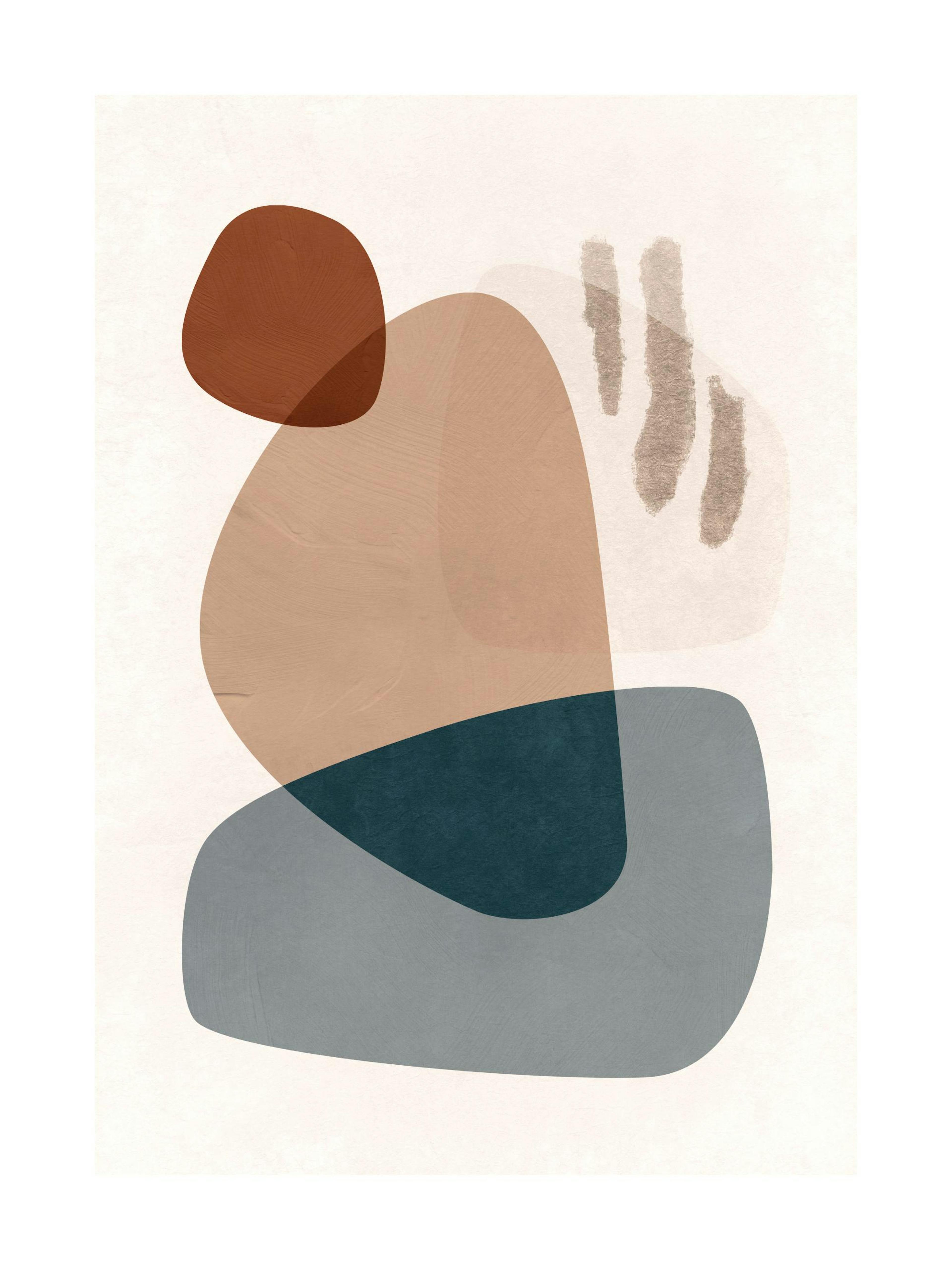 Póster Nature Graphics No2: ilustração abstrata com formas orgânicas em cinza-azulado, bege e castanho, fundo claro.