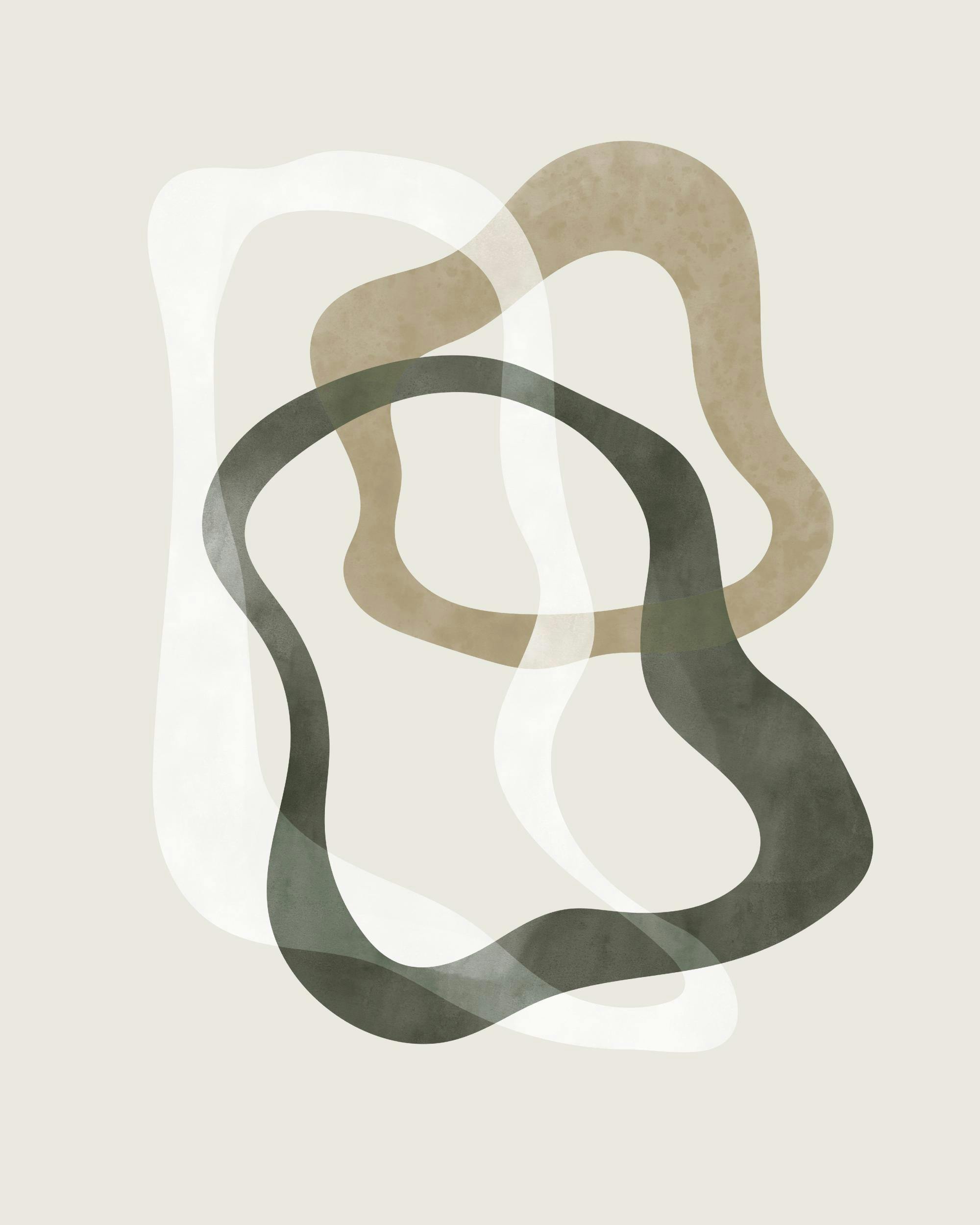 Abstrakt poster med oregelbundna former i grönt, beige och benvitt, överlappande på en ljusbeige bakgrund.