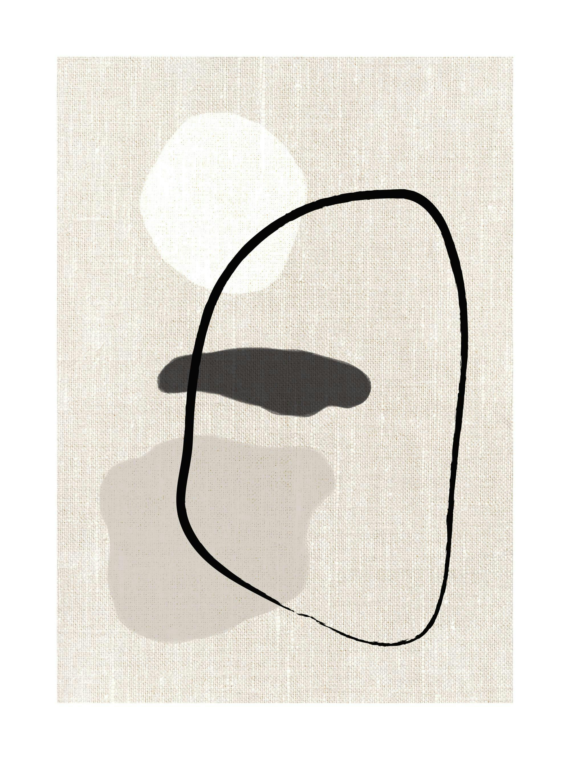 Abstrakt illustration med vita, beige och svarta former på en beige linnebakgrund, minimalistisk design.