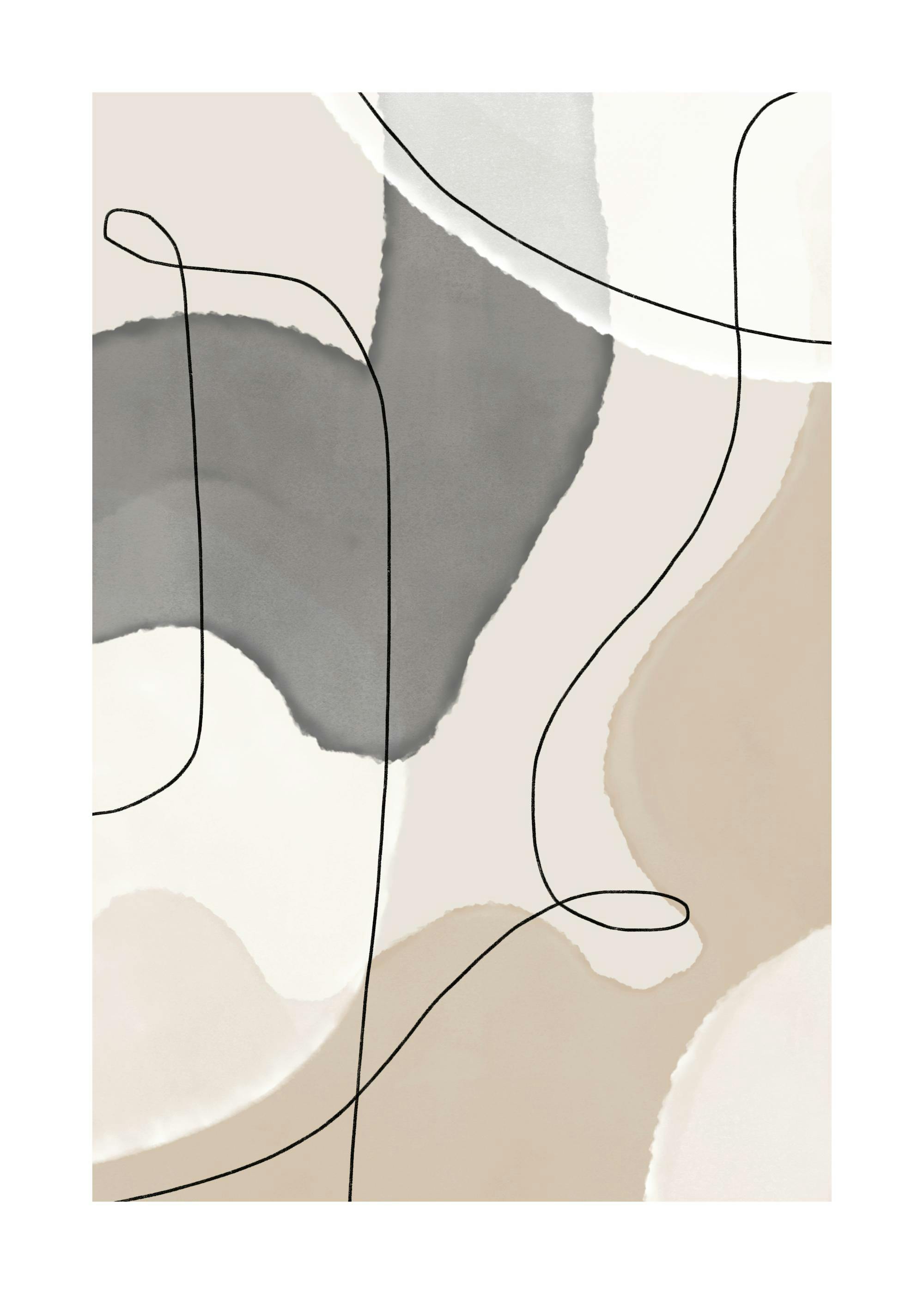 Abstract art poster with beige, grey, and off-white shapes and flowing black lines, ideal for modern decor.