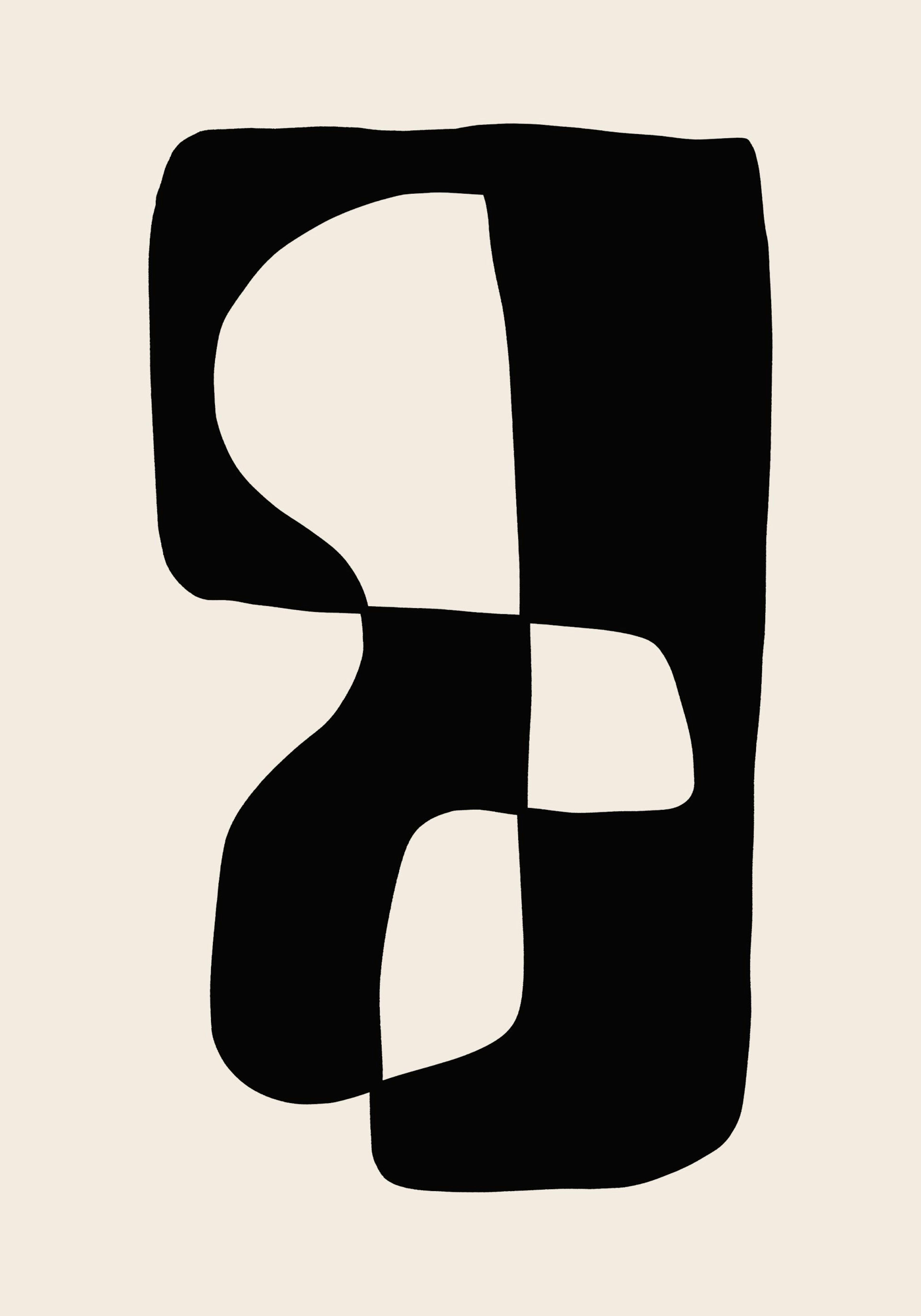 Póster abstracto con formas orgánicas negras y fondo beige claro. Arte moderno para decoración de interiores.