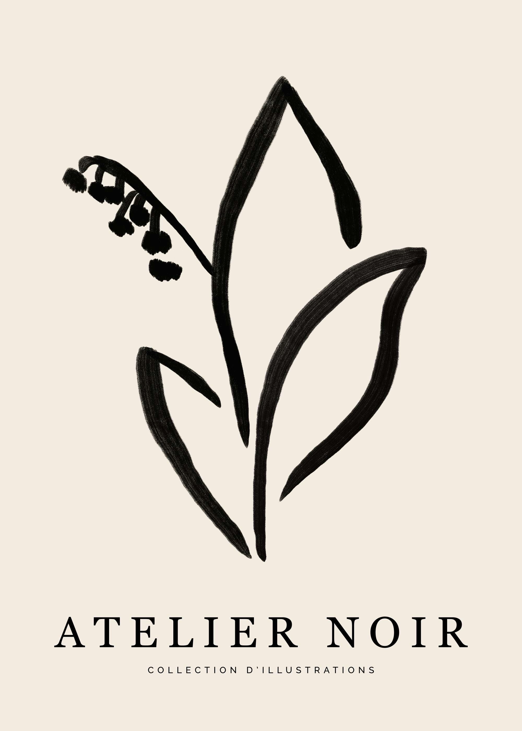 Maiglöckchen-Poster: Schwarze Strichzeichnung einer Maiglöckchenblume mit Blättern auf beigem Hintergrund, minimalistisch.