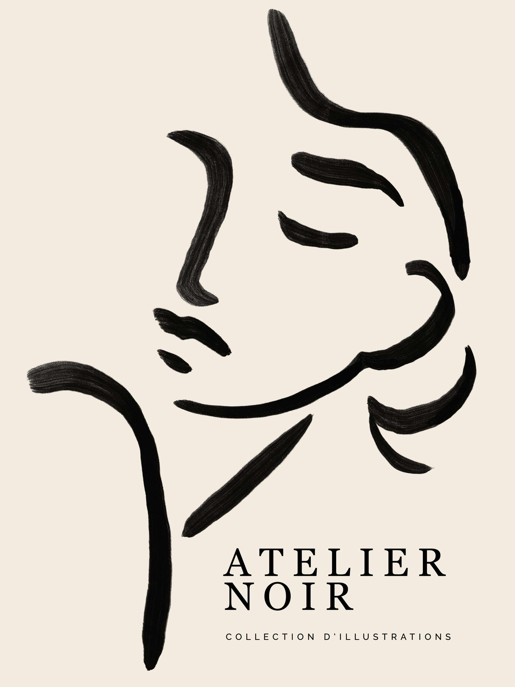 Affiche avec une illustration de visage en line art noir sur fond beige, typographie Atelier Noir