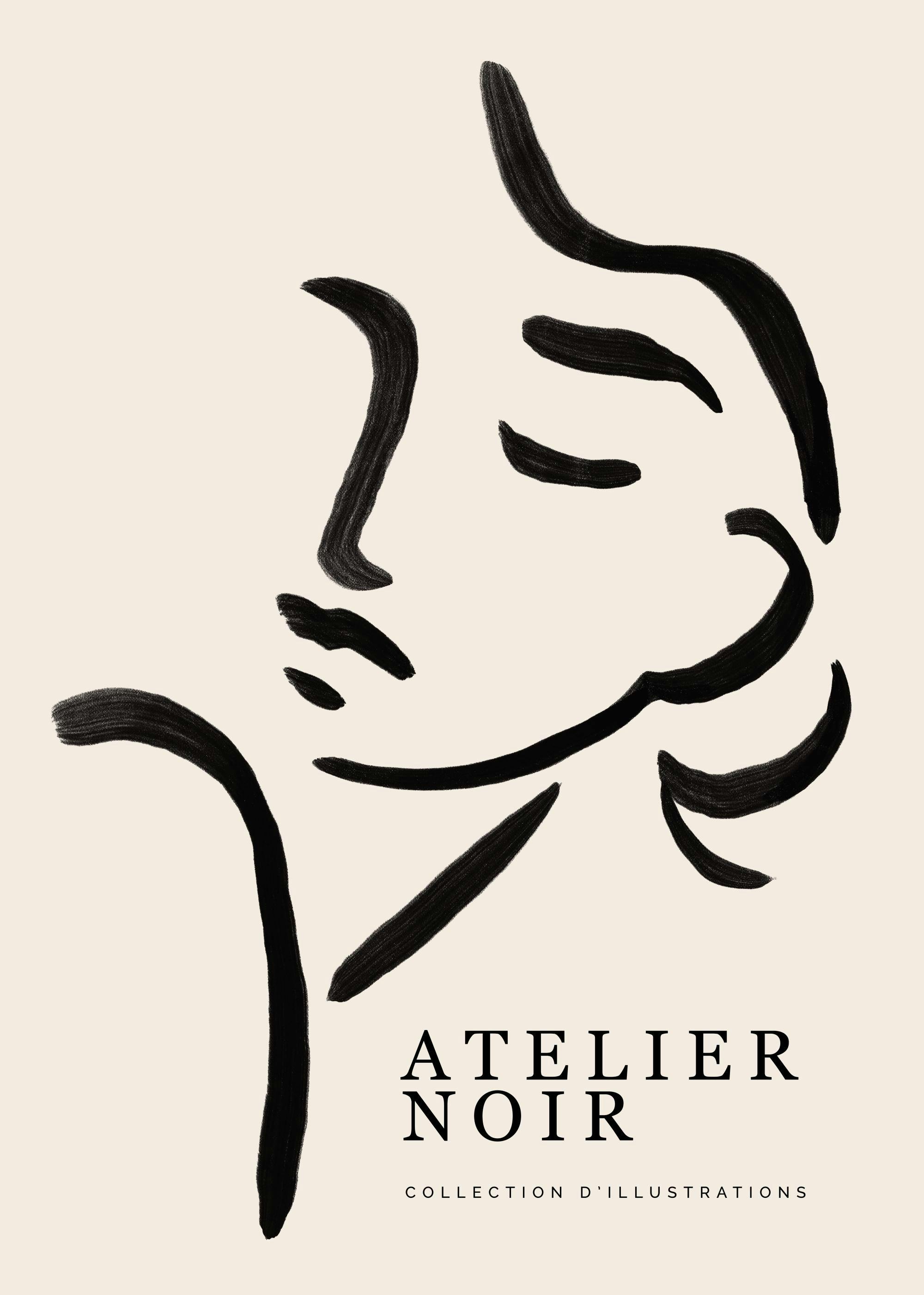 Line art illustration poster with a black abstract face on a beige background, modern style.