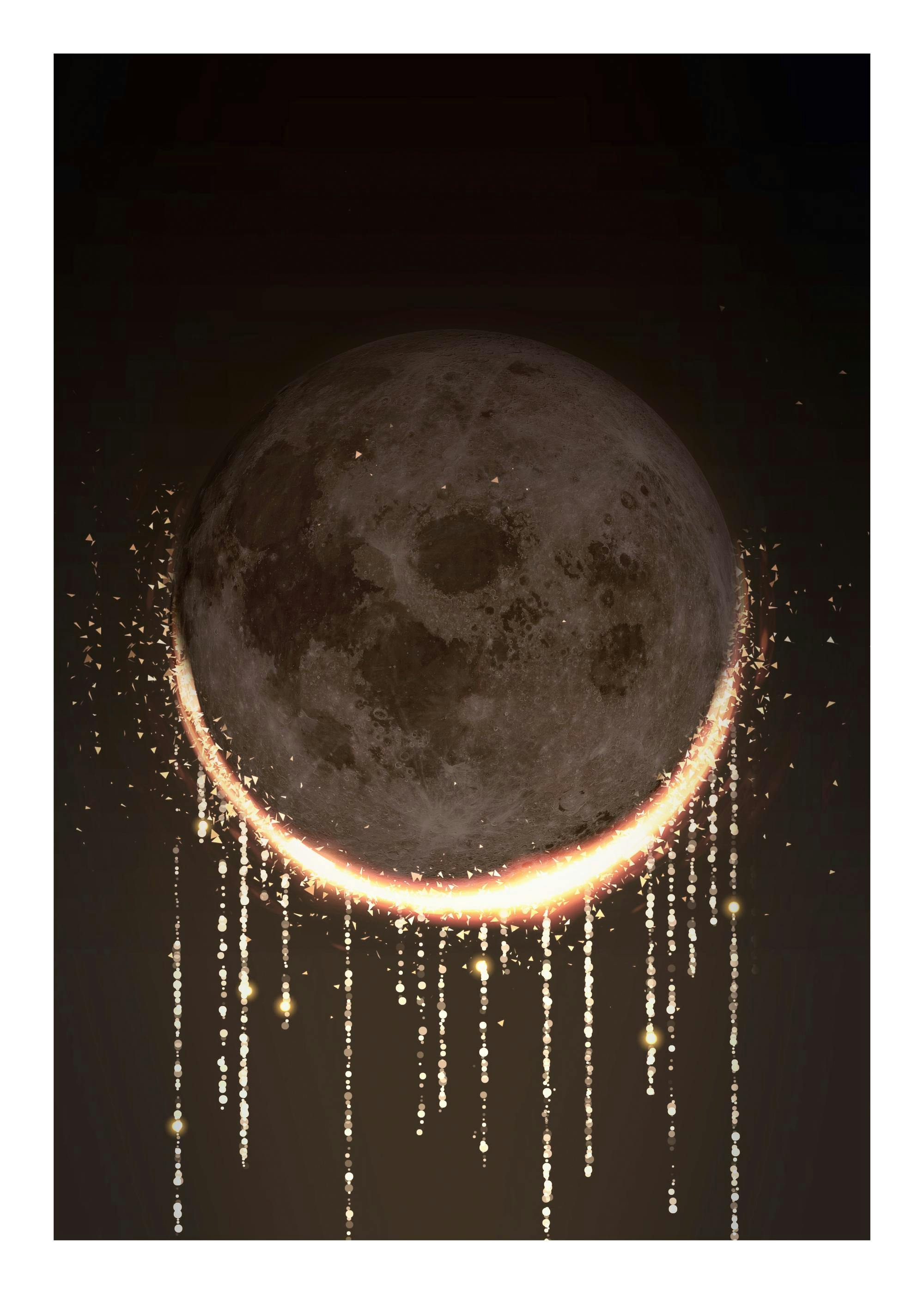 Affiche dune lune sombre avec une lumière dorée et des étincelles tombant comme de la pluie.
