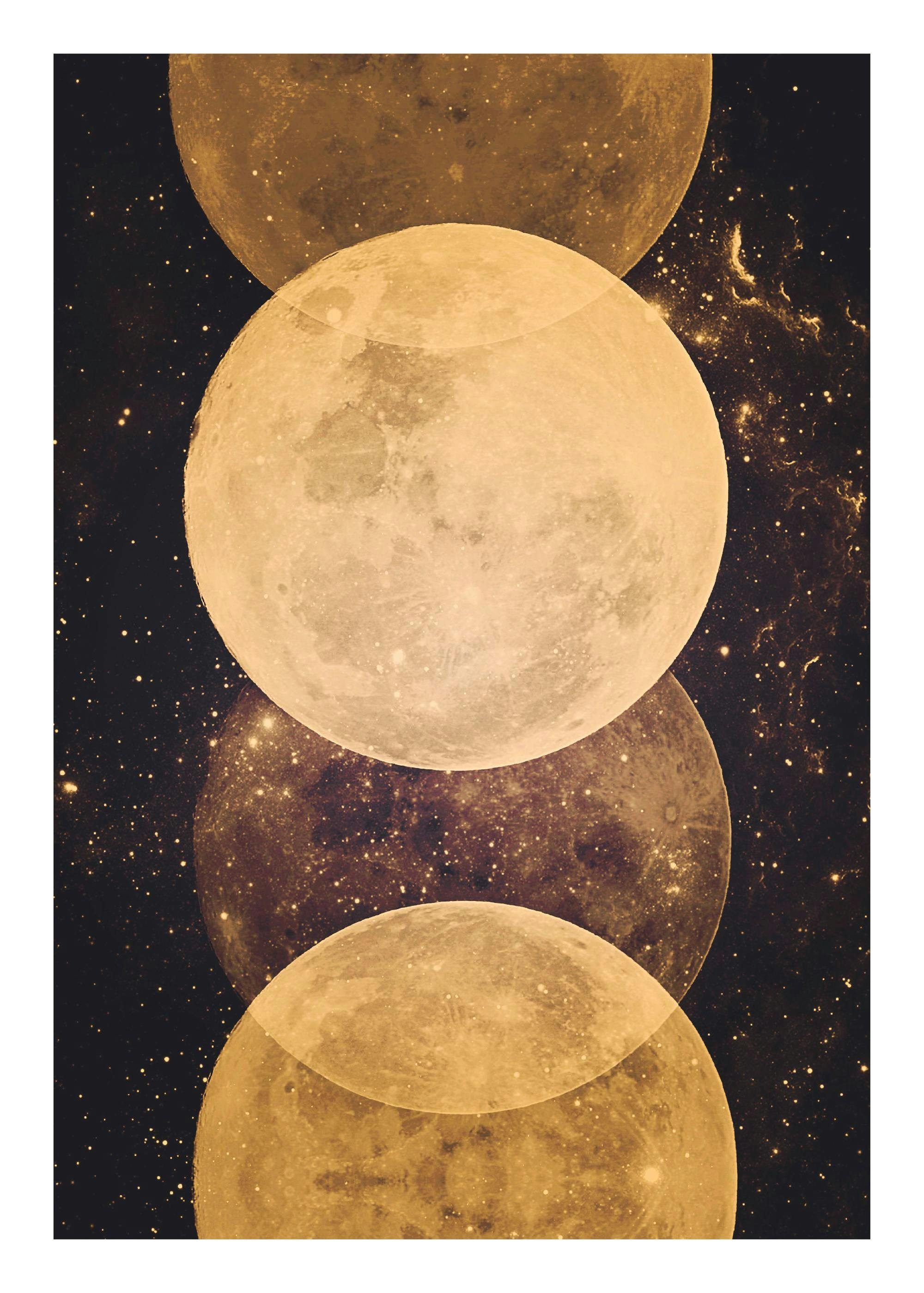 Gold Moon Phases Print, featuring a vertical line of golden moons with sparkling details against a dark, starry background.