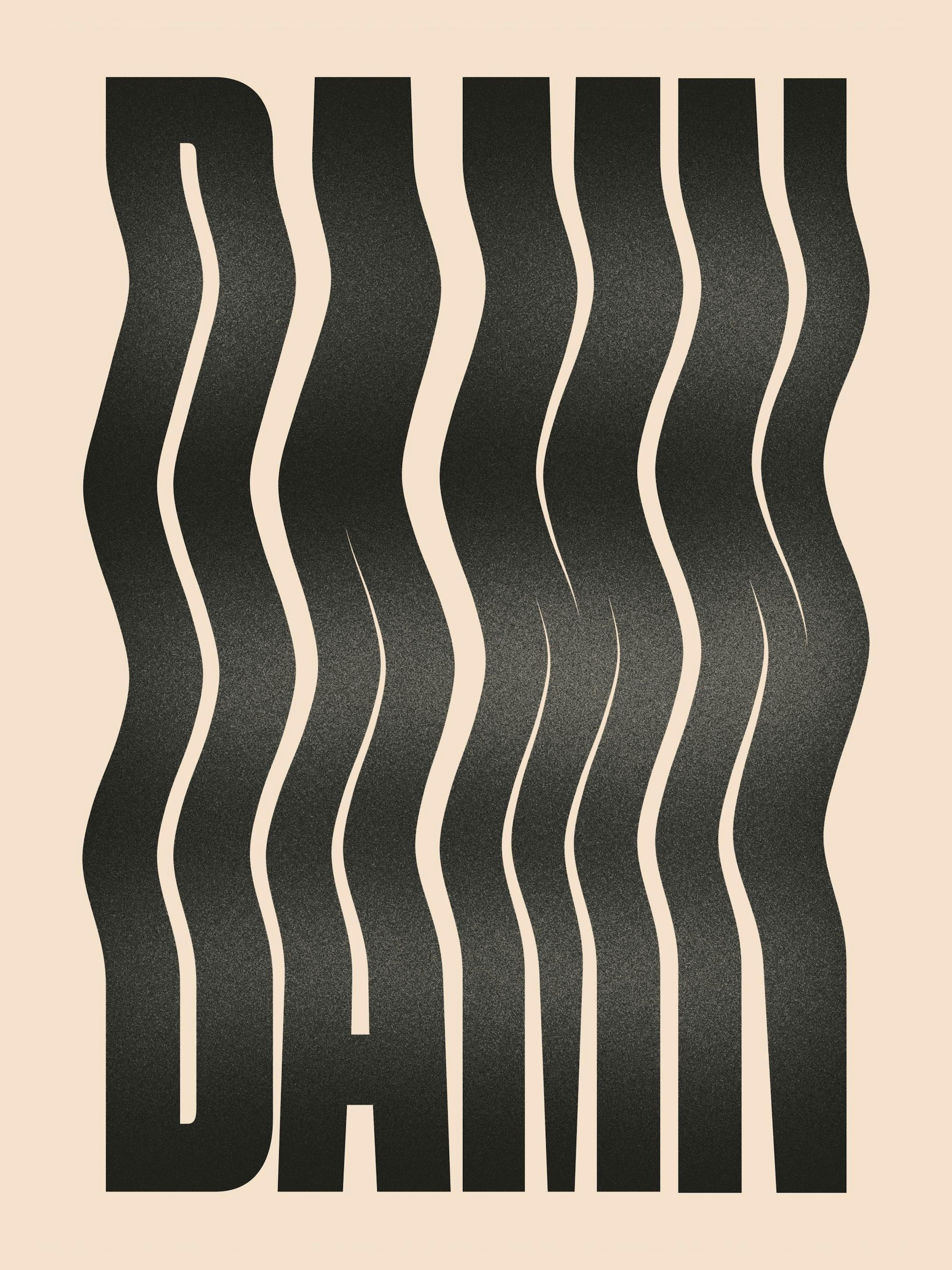 Damn text print with black swirling letters on a beige background, a cool typography poster by Sam Sheridan.