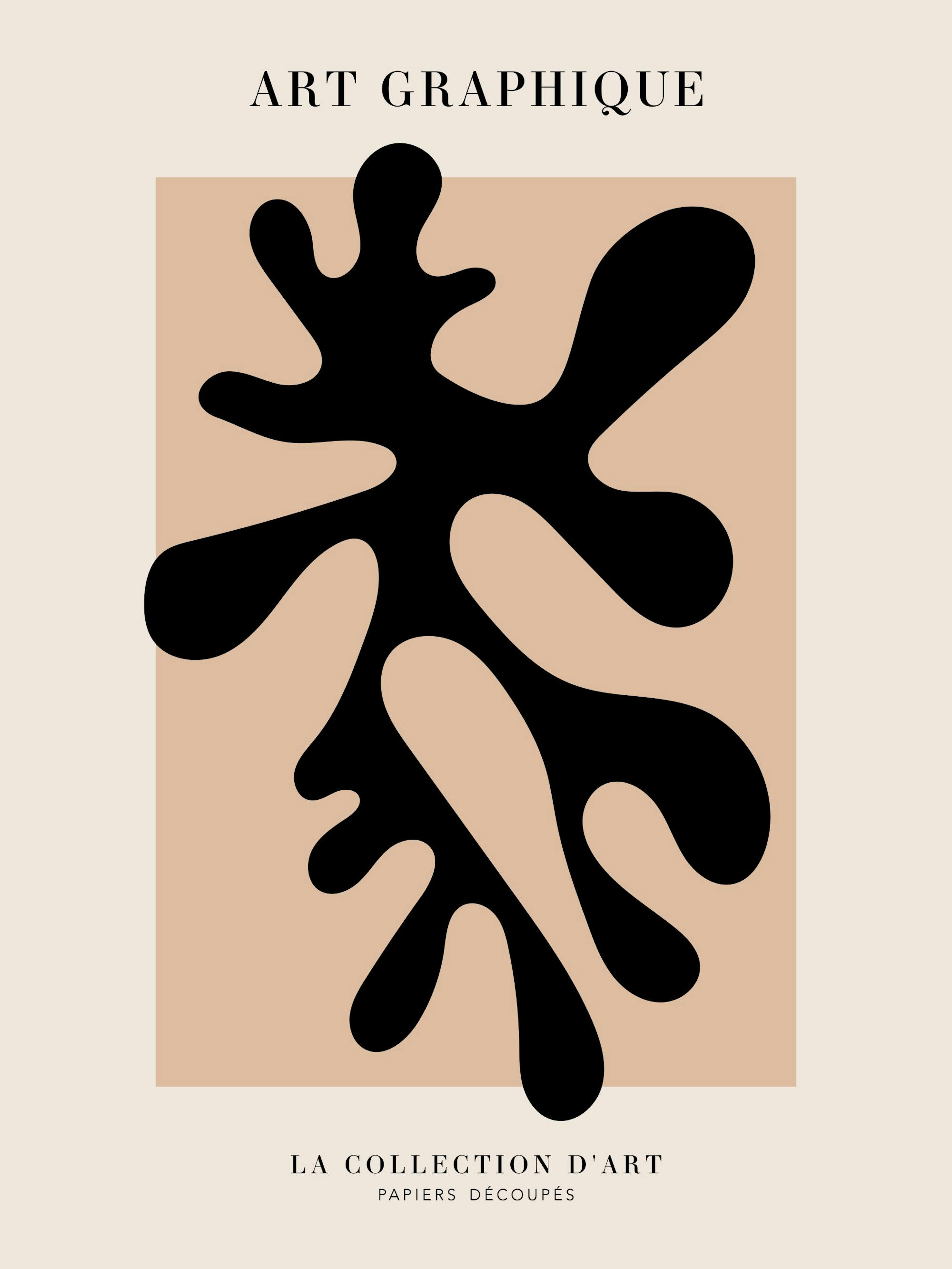 Póster de diseño gráfico con forma de coral negro sobre fondo beige, estilo recortado.