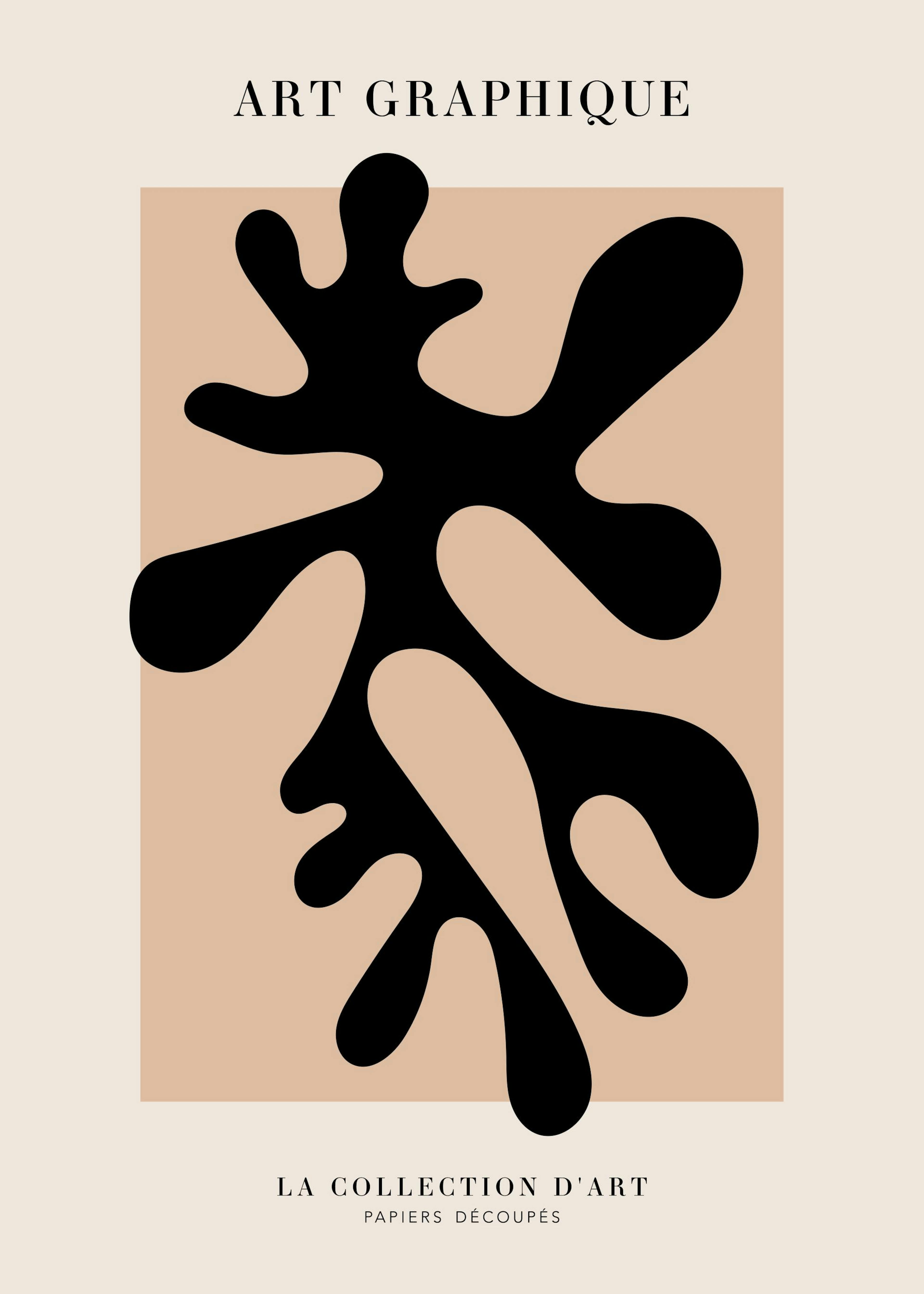Graphic Cut-Out No2 Print: Black abstract coral shape on a beige background with text.
