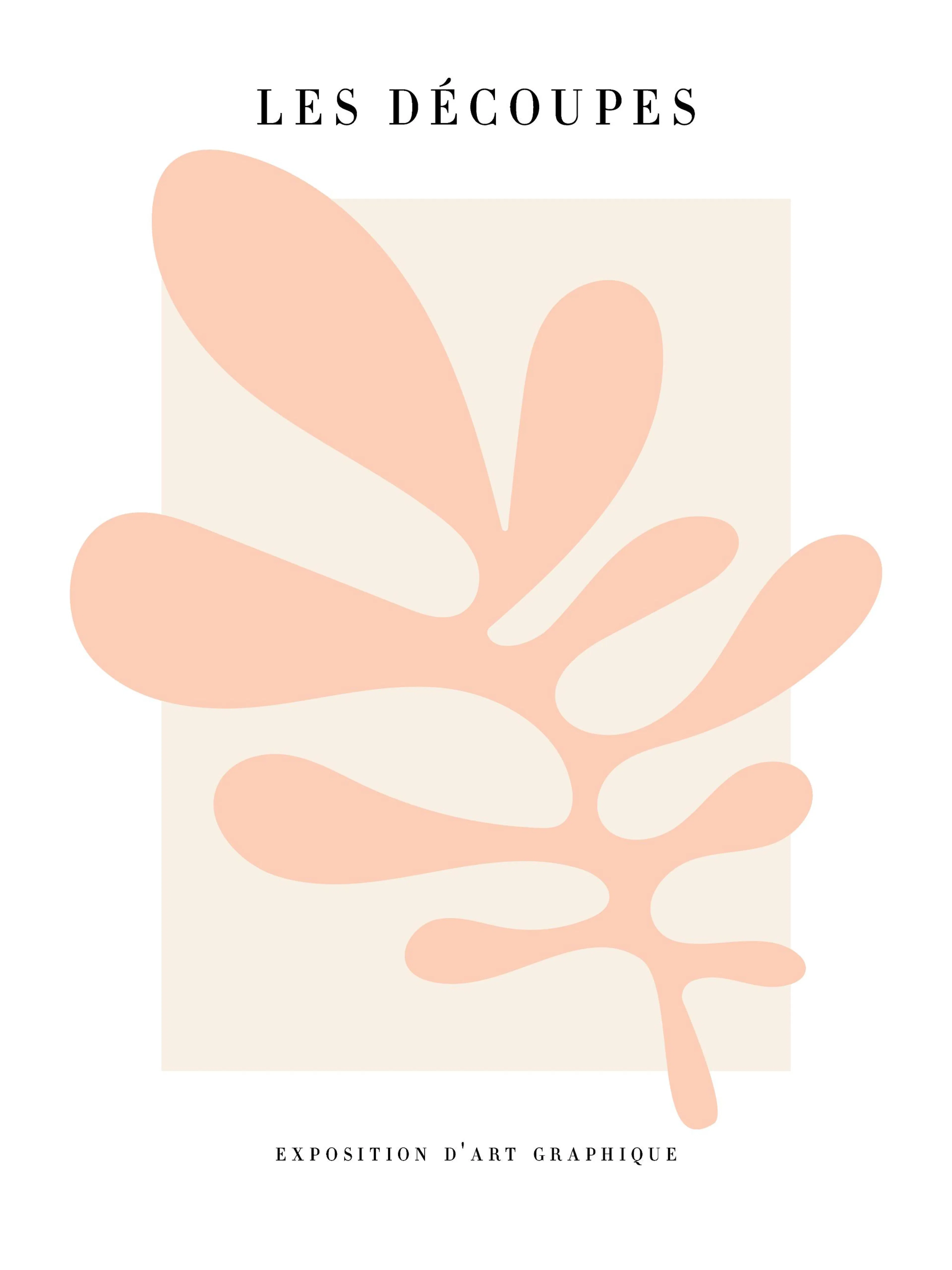 Print poster of graphic illustration with abstract pink leaf on light beige background, text top and bottom