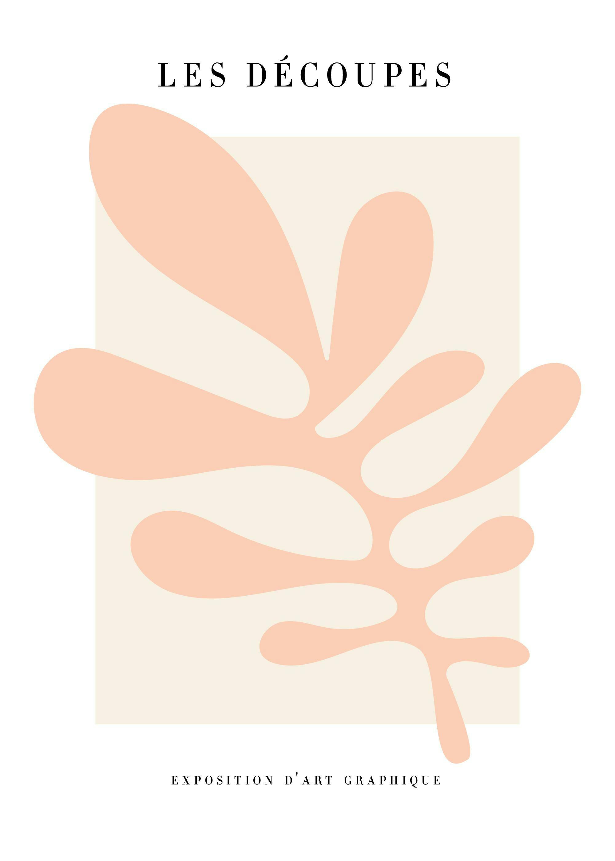 Affiche avec une feuille abstraite rose sur fond beige clair, avec du texte en typographie noire
