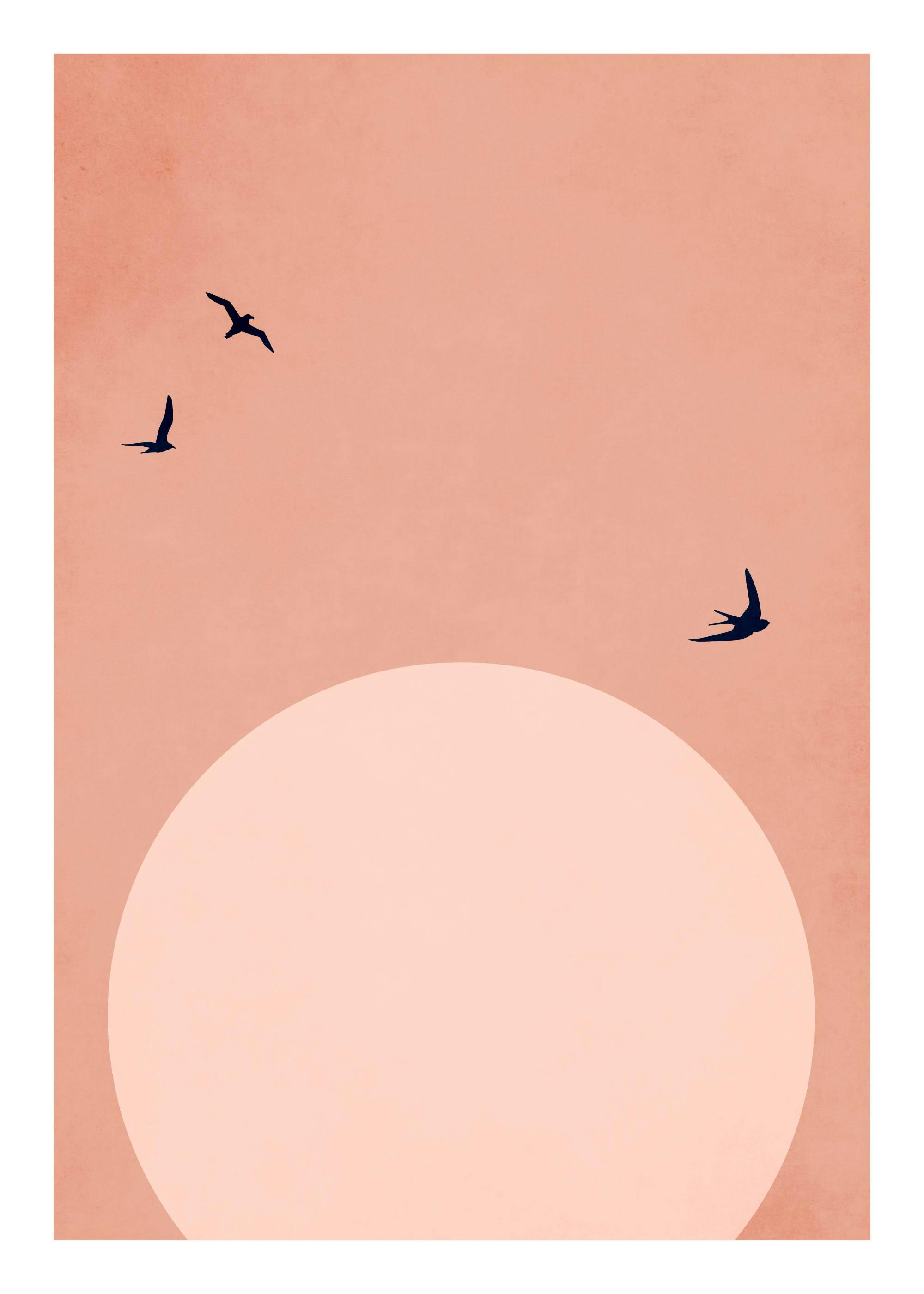 Grafisk illustration av svarta fåglar som flyger mot en rosa himmel med en ljusrosa måne och ojämn färgstruktur.