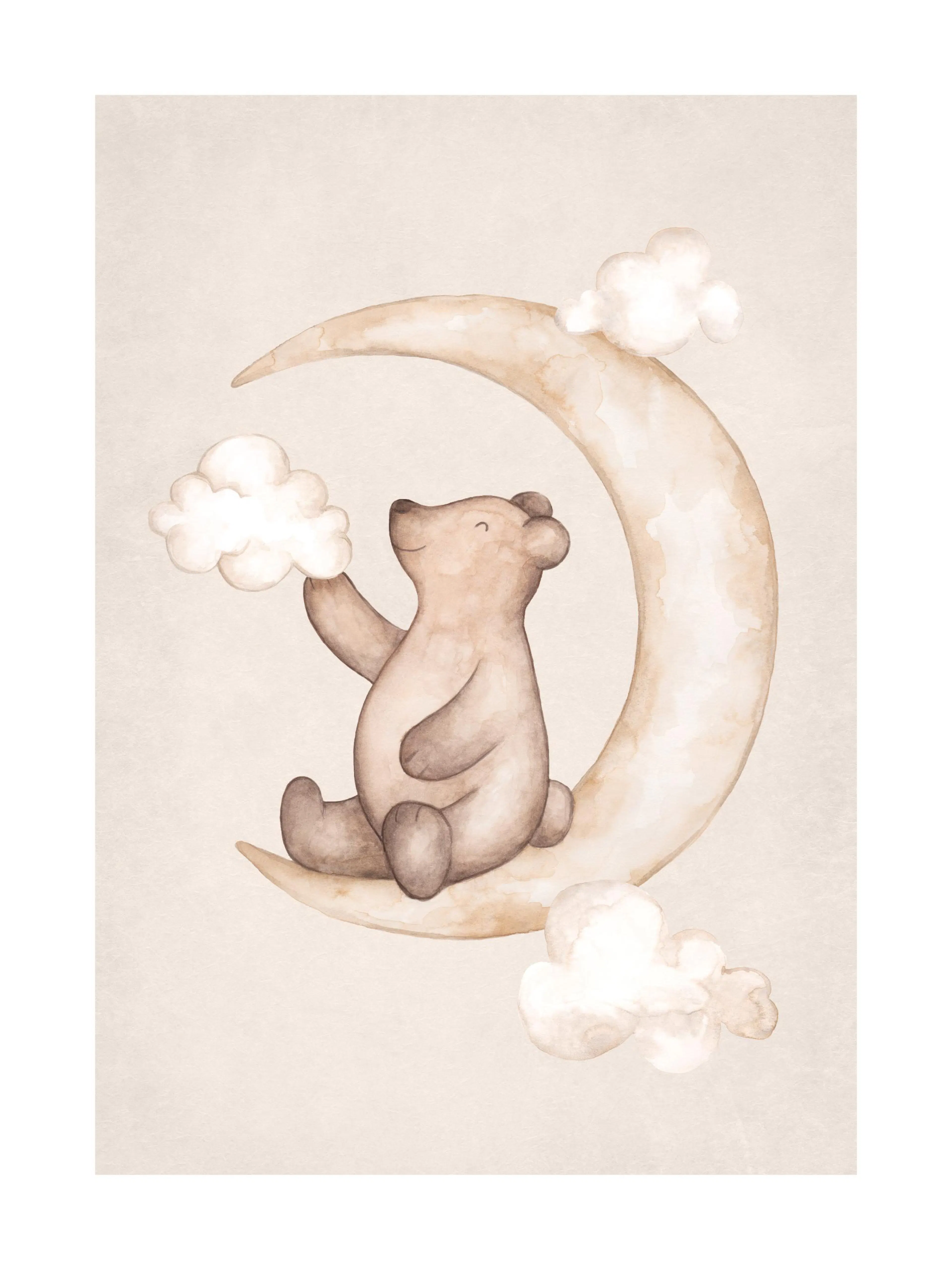 Waterverfposter met lachende beer op maan tussen wolken, beige achtergrond, kunst voor kinderkamer.