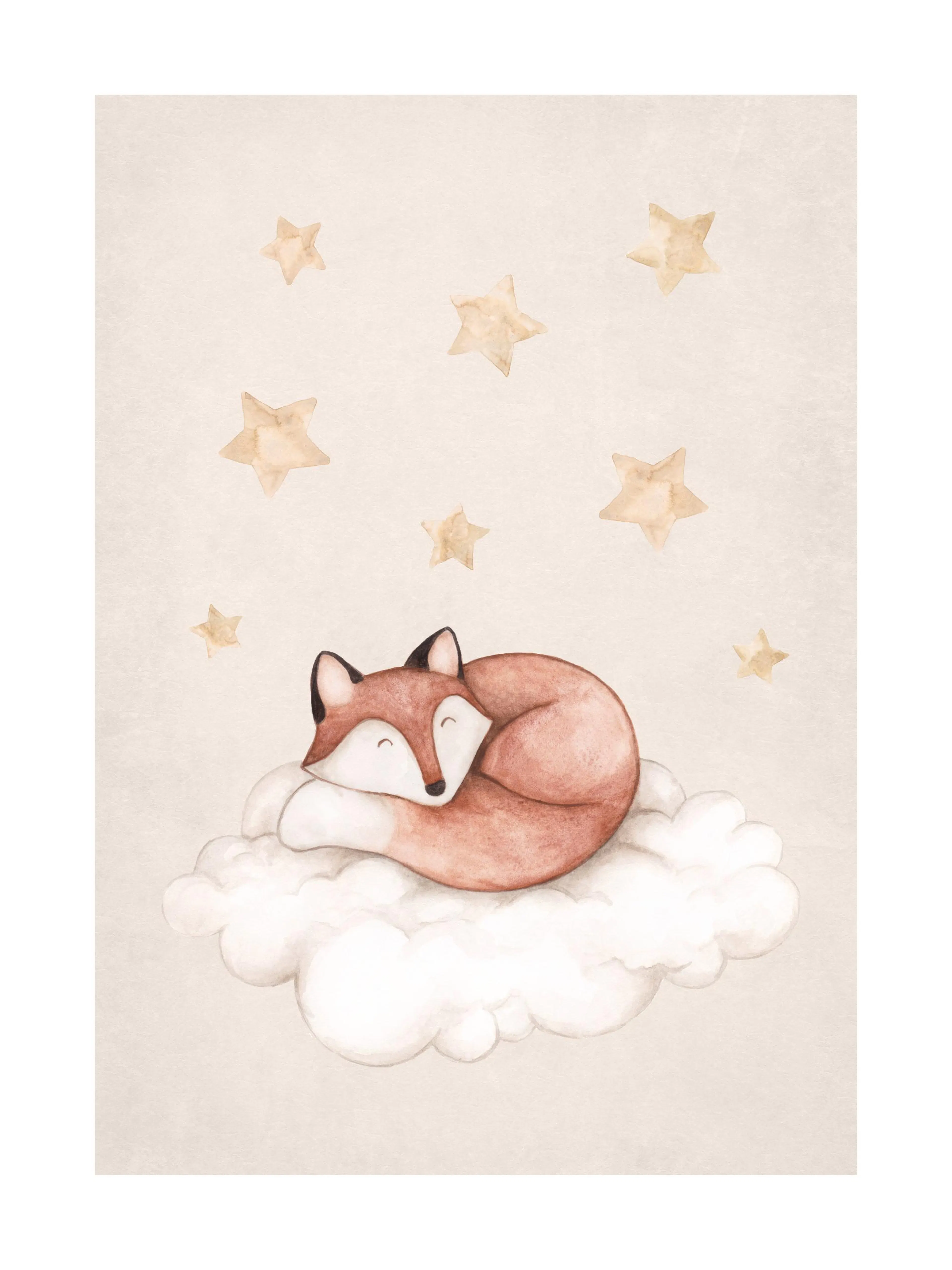 Watercolour print of a sleeping fox curled on a cloud with golden stars on a beige background. Woodland animal art.