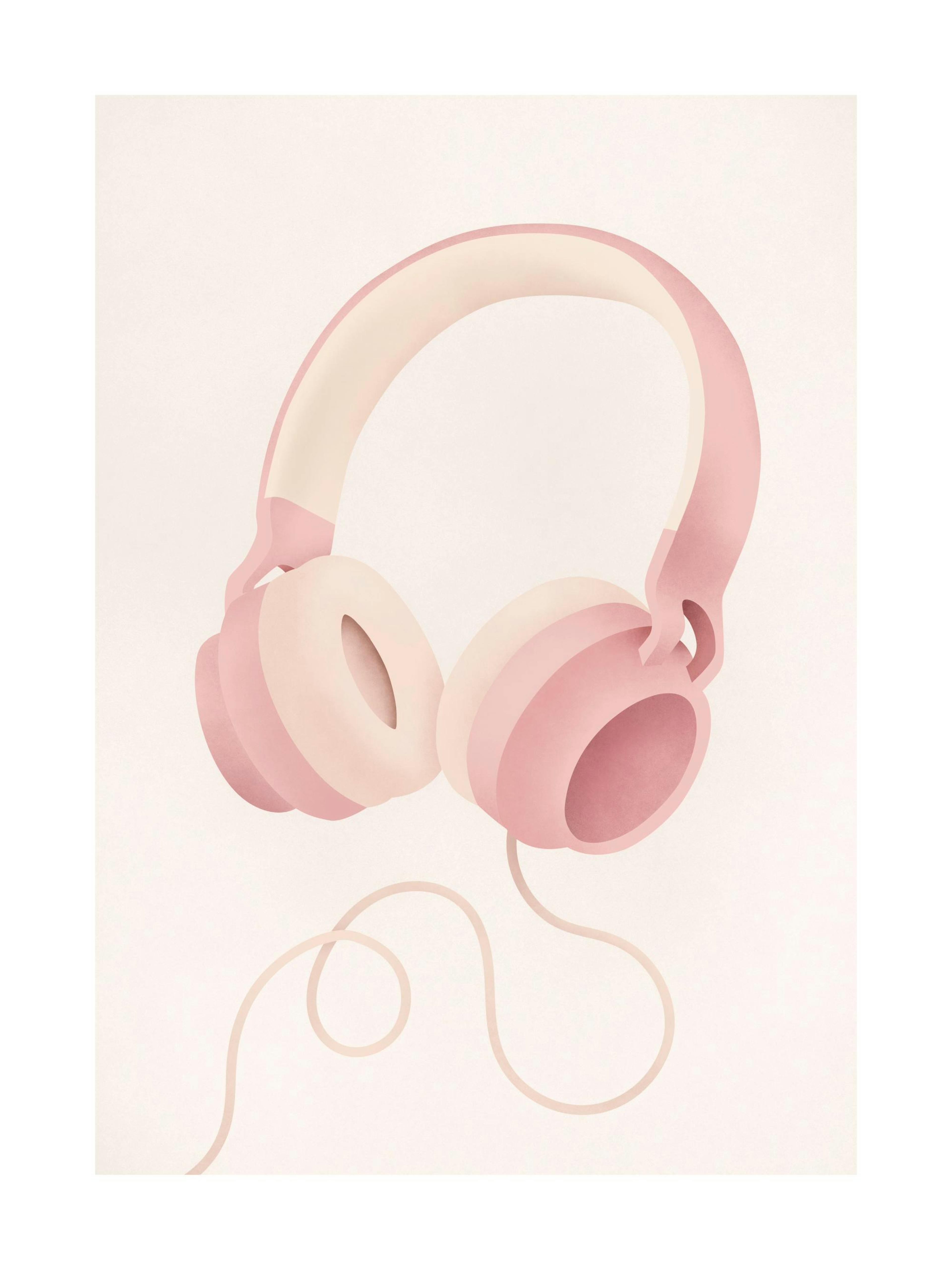 Póster de auriculares pastel con auriculares rosados de dos tonos y cable sobre fondo beige claro.