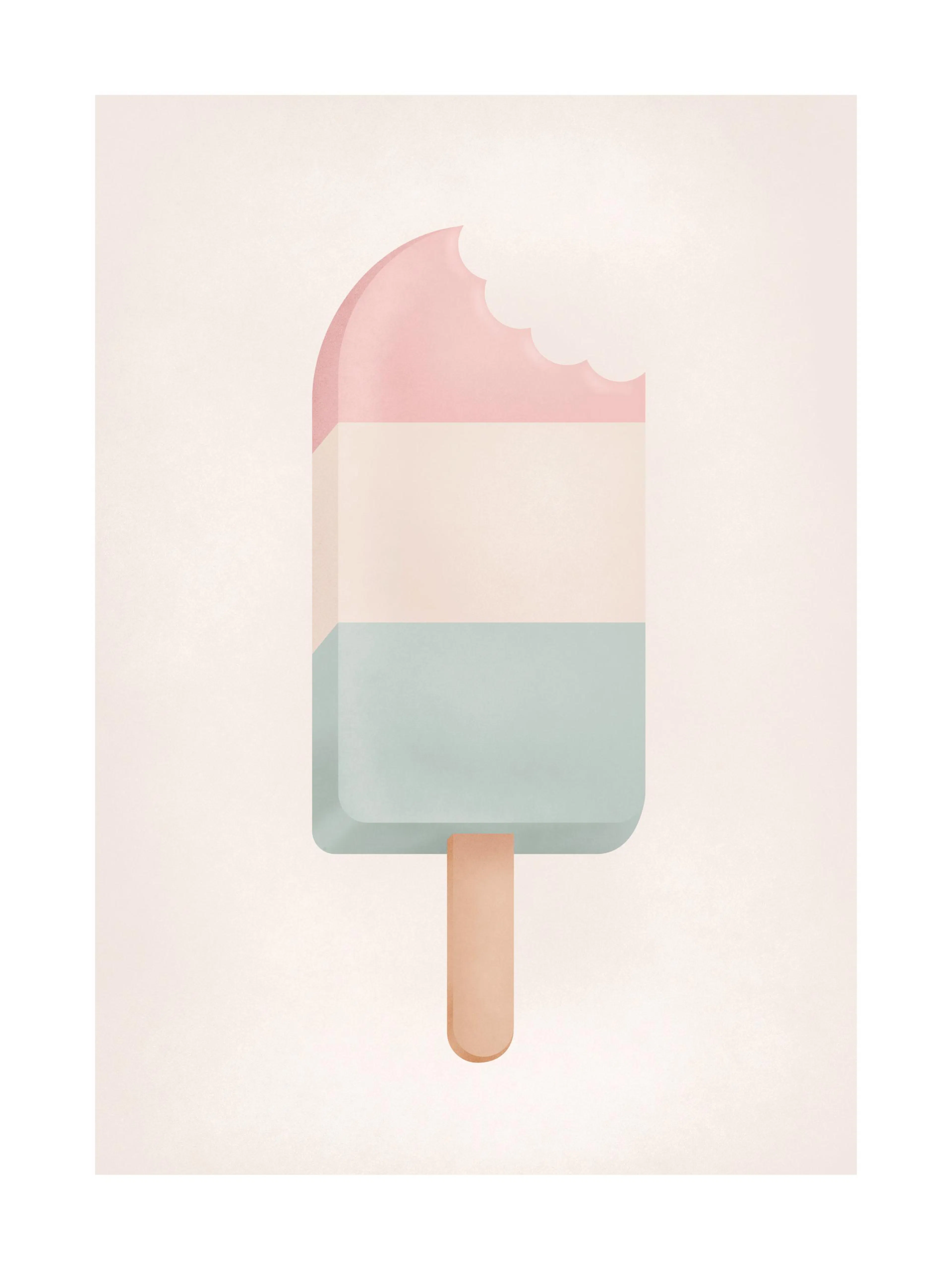 Pastellfärgad isglass med rosa, beige och blå ränder, mot en beige bakgrund, med ett litet avbett märke.