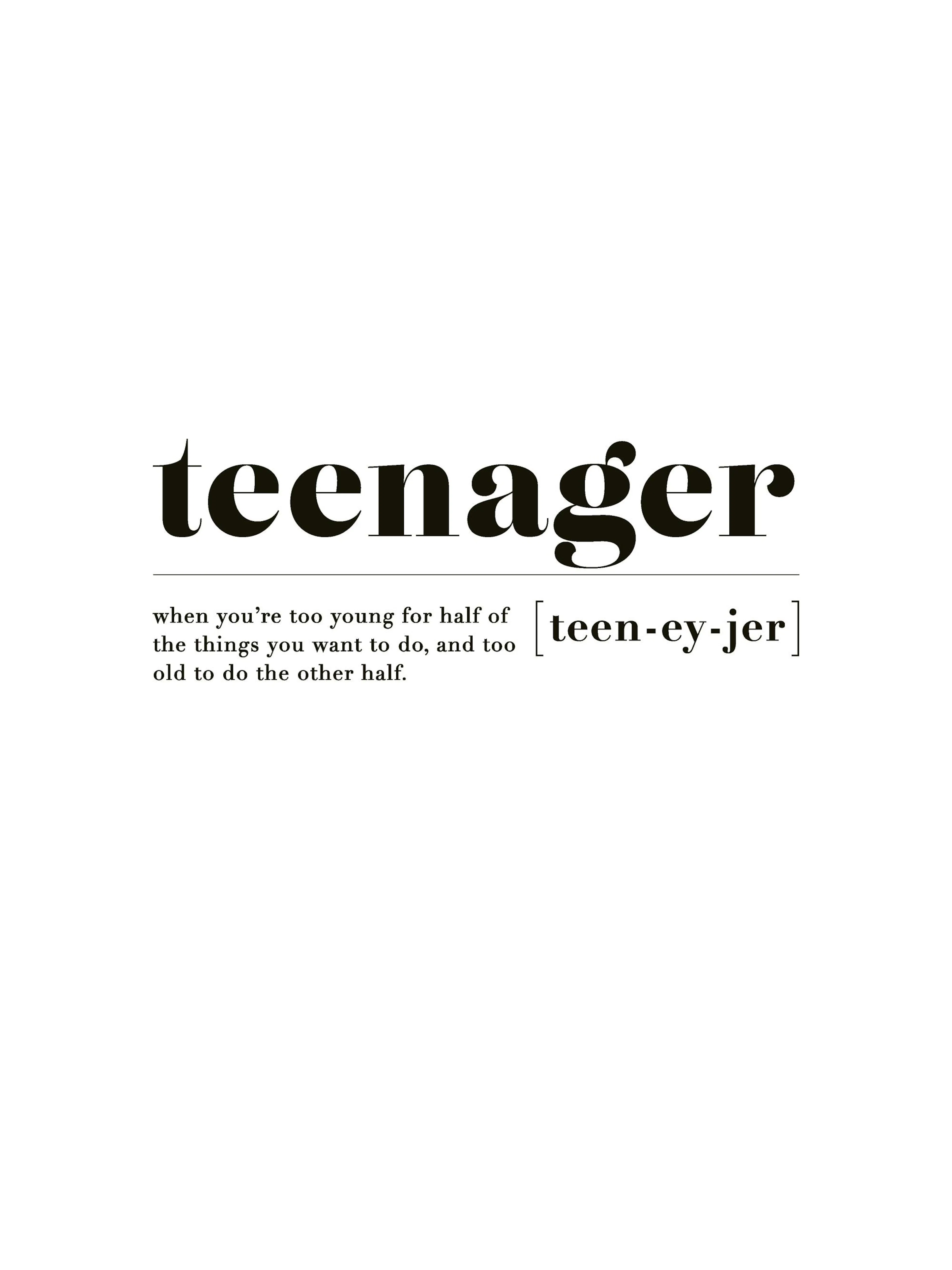 Une Affiche typographie avec le mot Teenager et sa définition en noir sur fond blanc