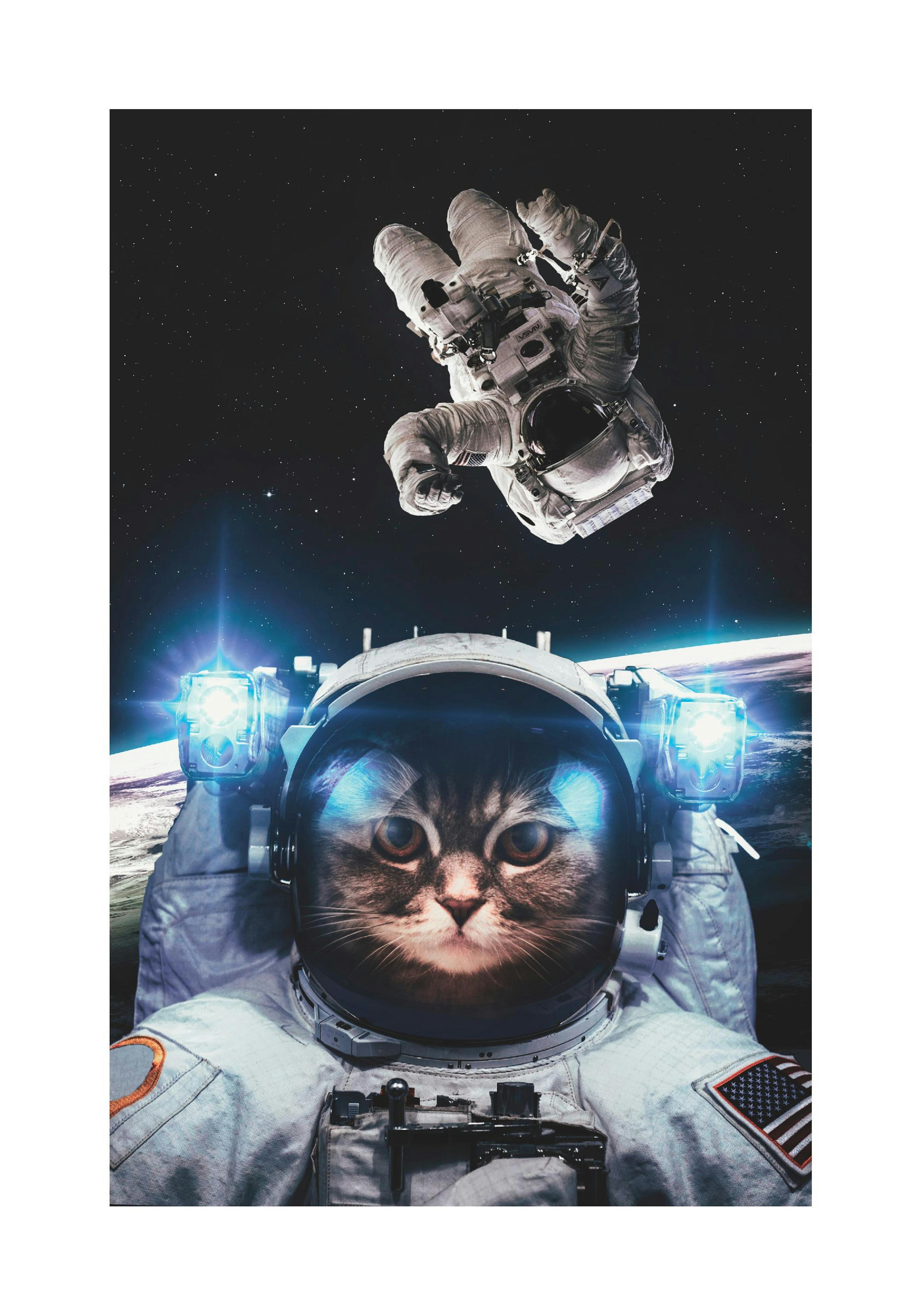 Cosmic cat astronaut print, with an Earth background and another astronaut floating in space.