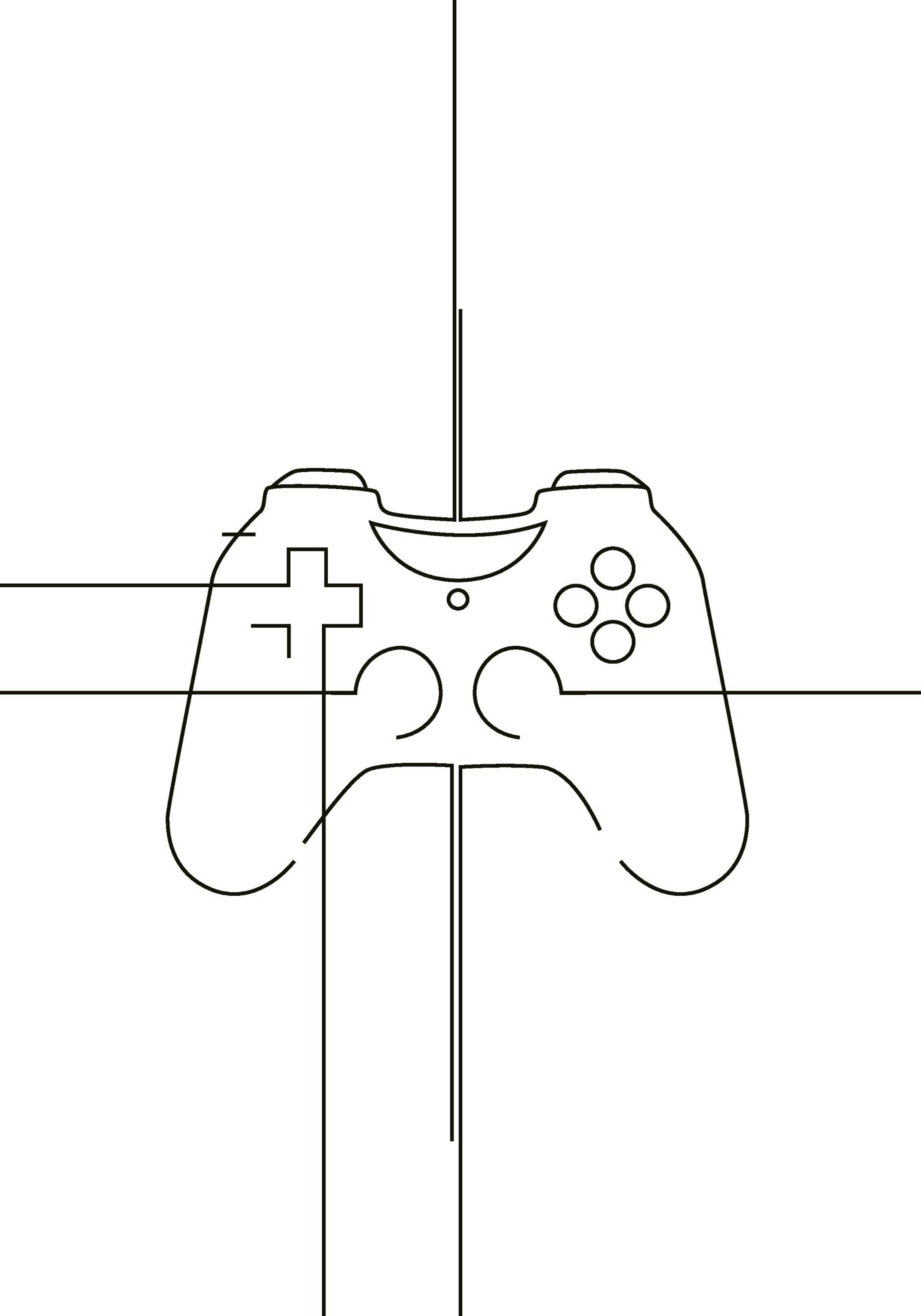 Line art illustrasjon av spillkontroller i svart mot hvit bakgrunn, med kryssende linjer. Spilltema, ungdomsrom.