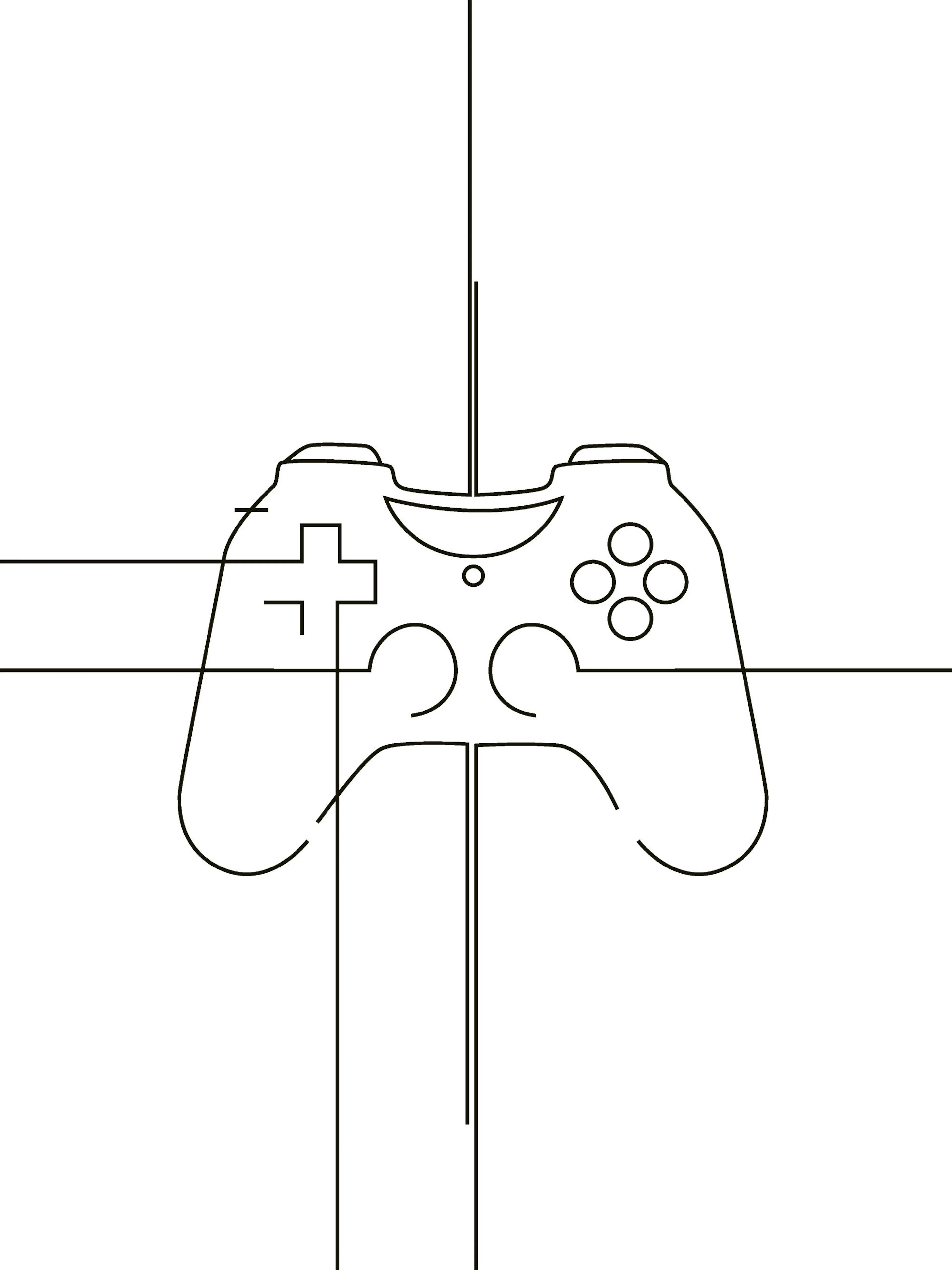Minimalistisk line art plakat af en sort gamepad på hvid baggrund, perfekt til gamingrummet.