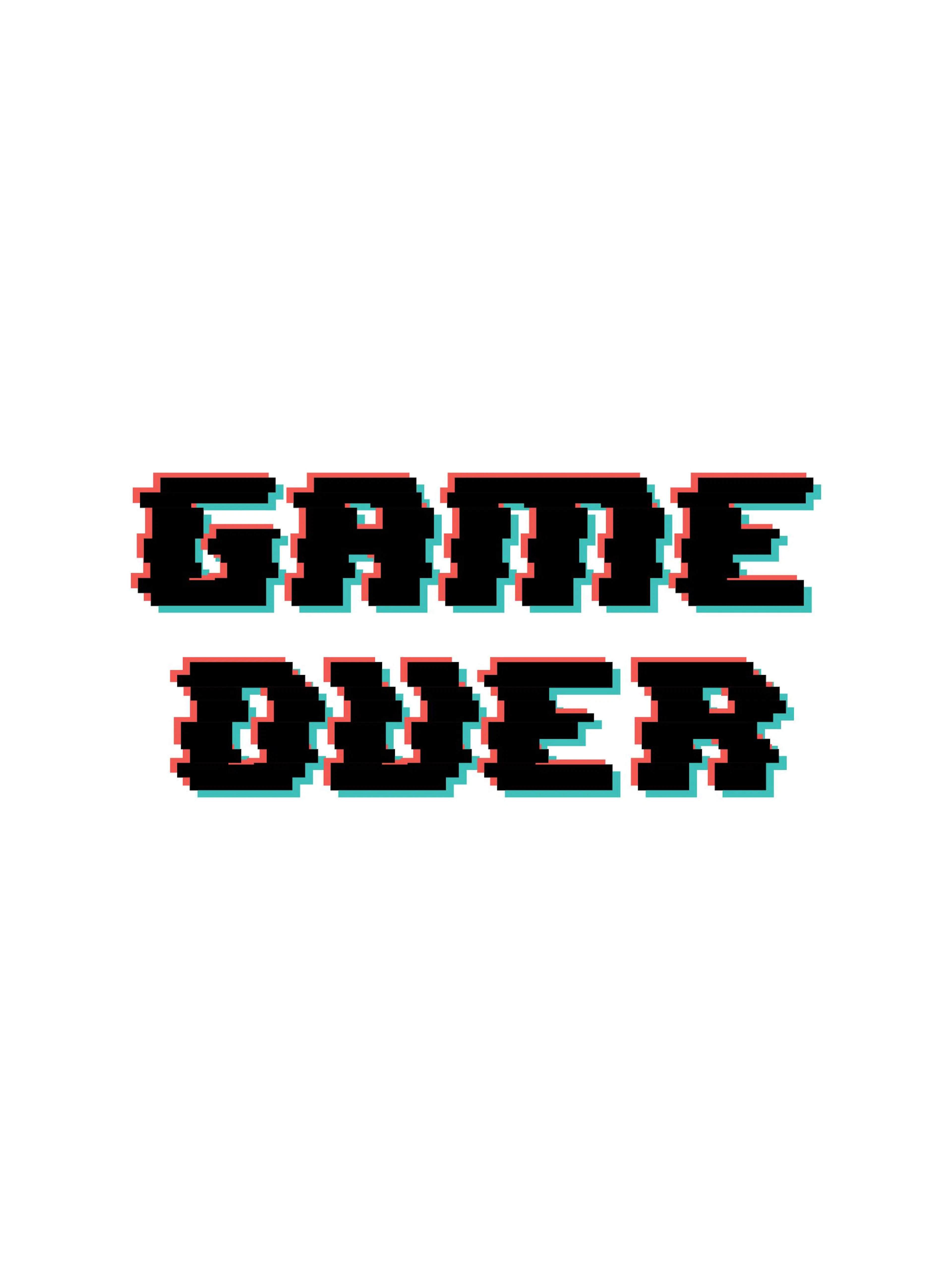 Póster blanco con Game Over en letras pixeladas negras con sombras rojas y verdes, estilo retro de videojuegos.
