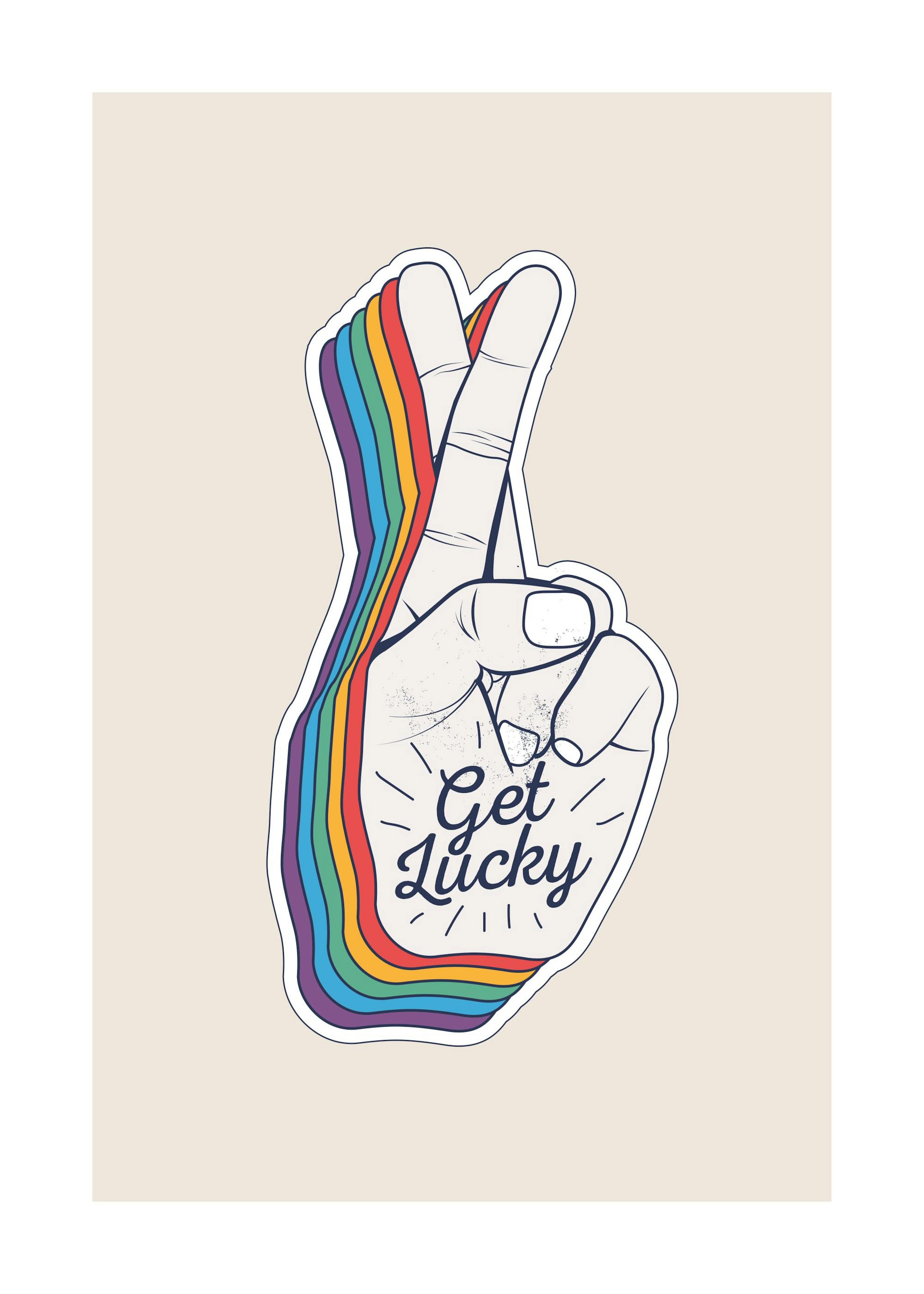 Print of a hand with crossed fingers and rainbow colors, with Get Lucky text in the palm, on a beige background.