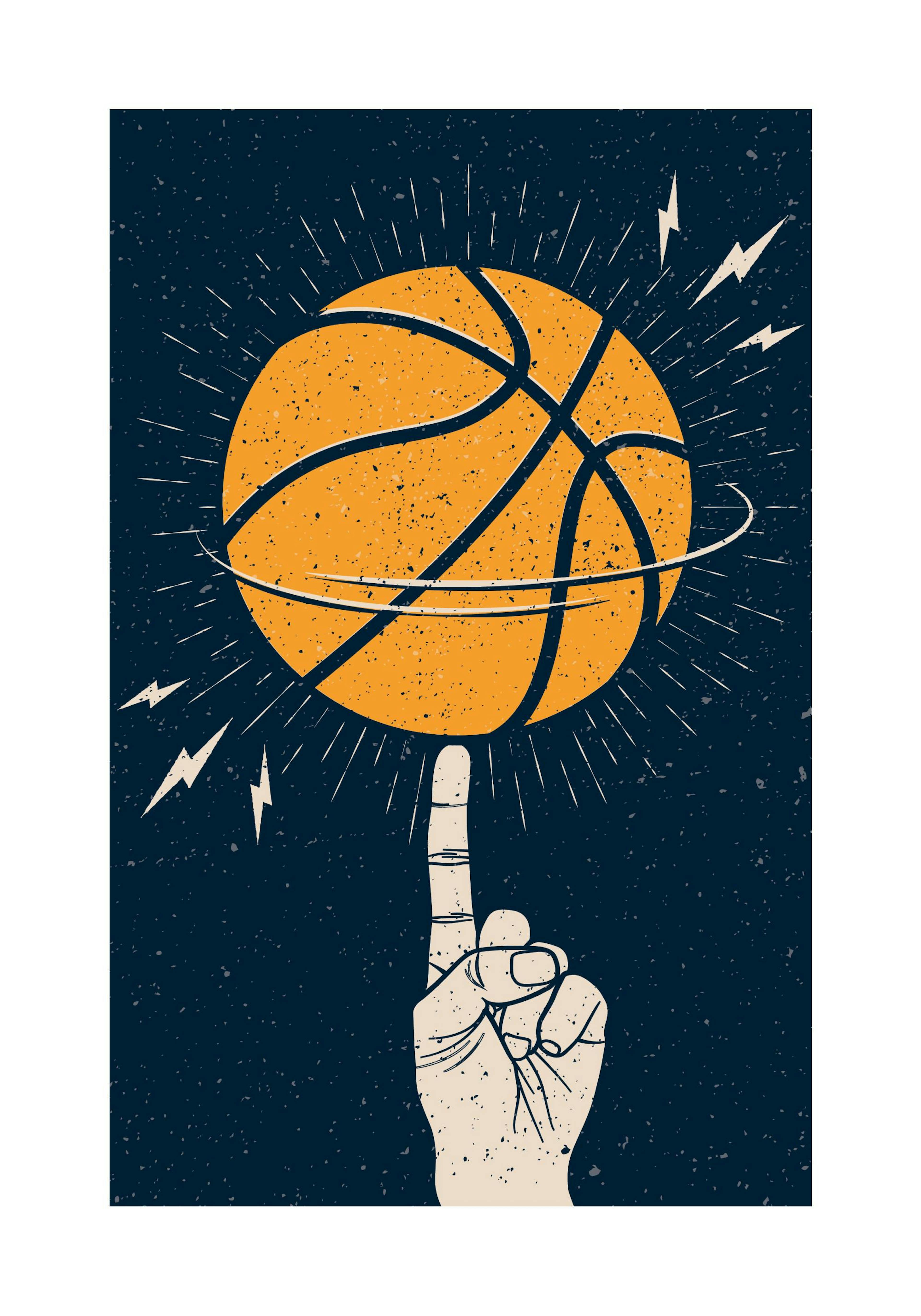 Illustrazione grafica di un pallone da basket arancione in rotazione sullindice di una mano, su sfondo blu scuro.