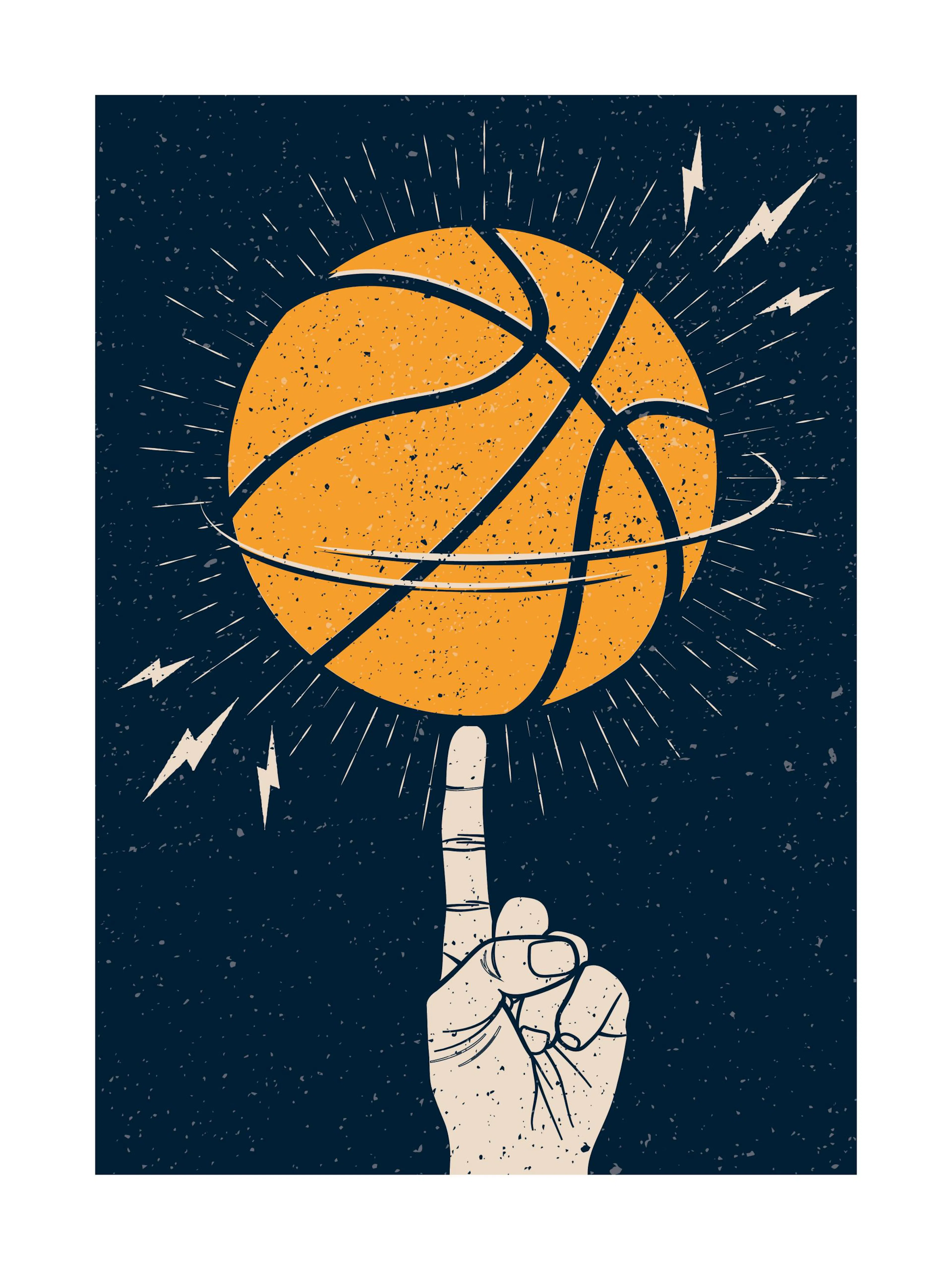 Illustrasjon av en hånd som spinner en basketball på pekefingeren mot en mørk bakgrunn, basketball sport plakat.
