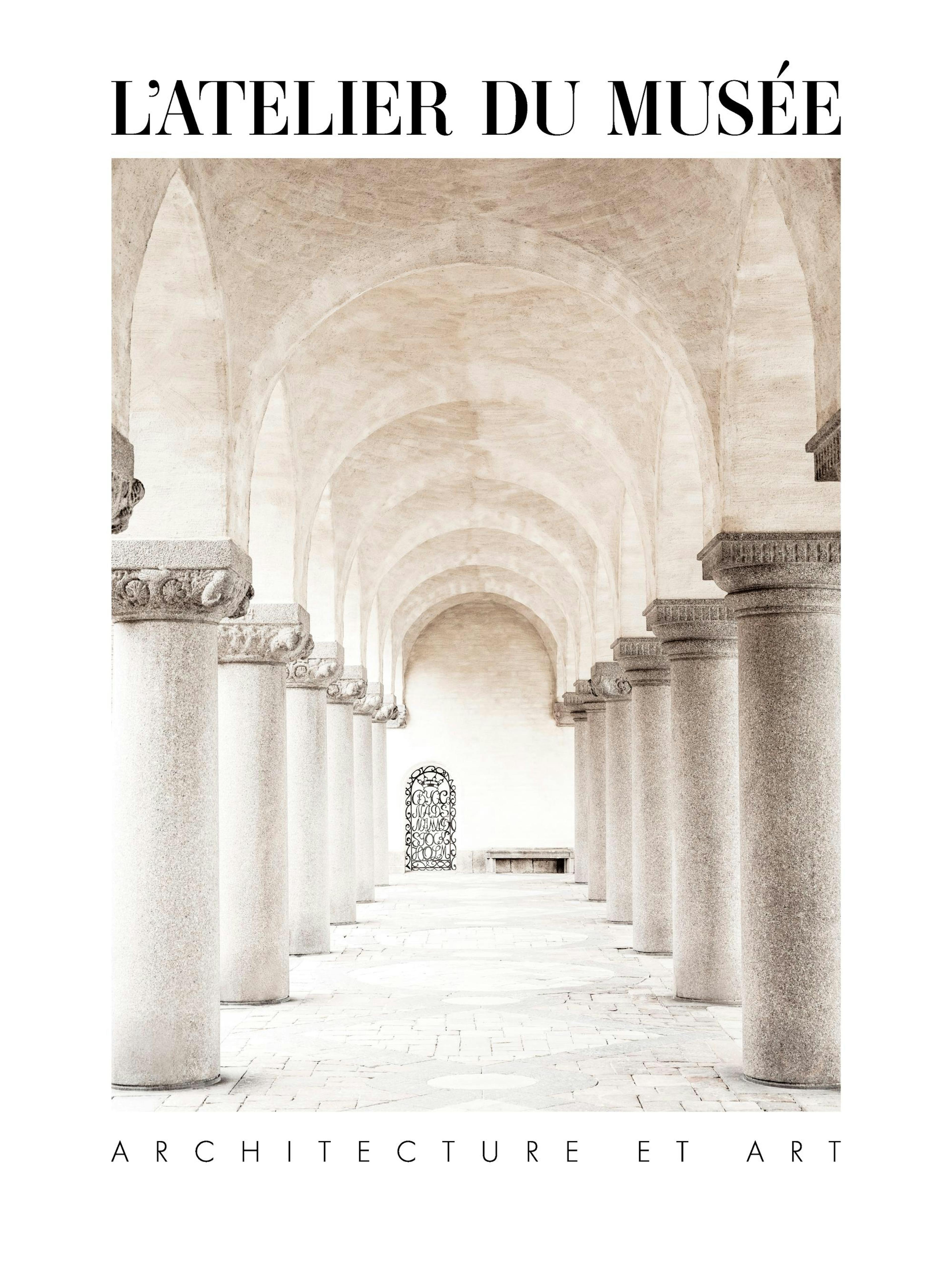 Photograph of an indoor museum corridor with a vaulted ceiling and a receding line of stone pillars. An ornate gate is visible a