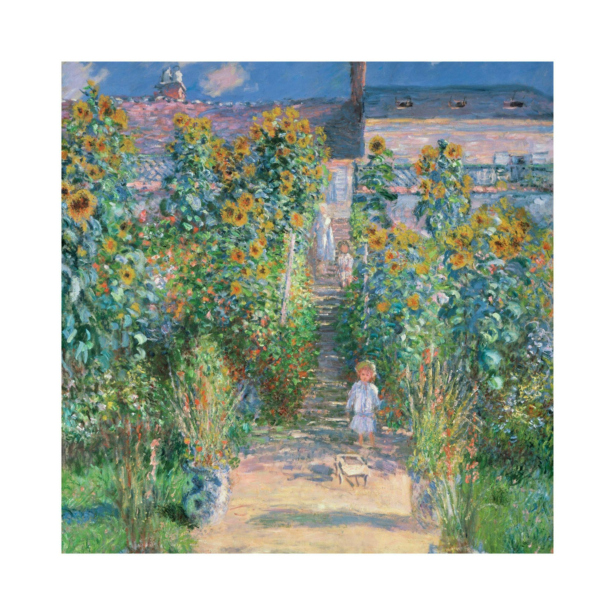 Monet-Gemälde eines Sonnenblumenwegs, der zu einem Haus führt, mit Kindern im Garten.