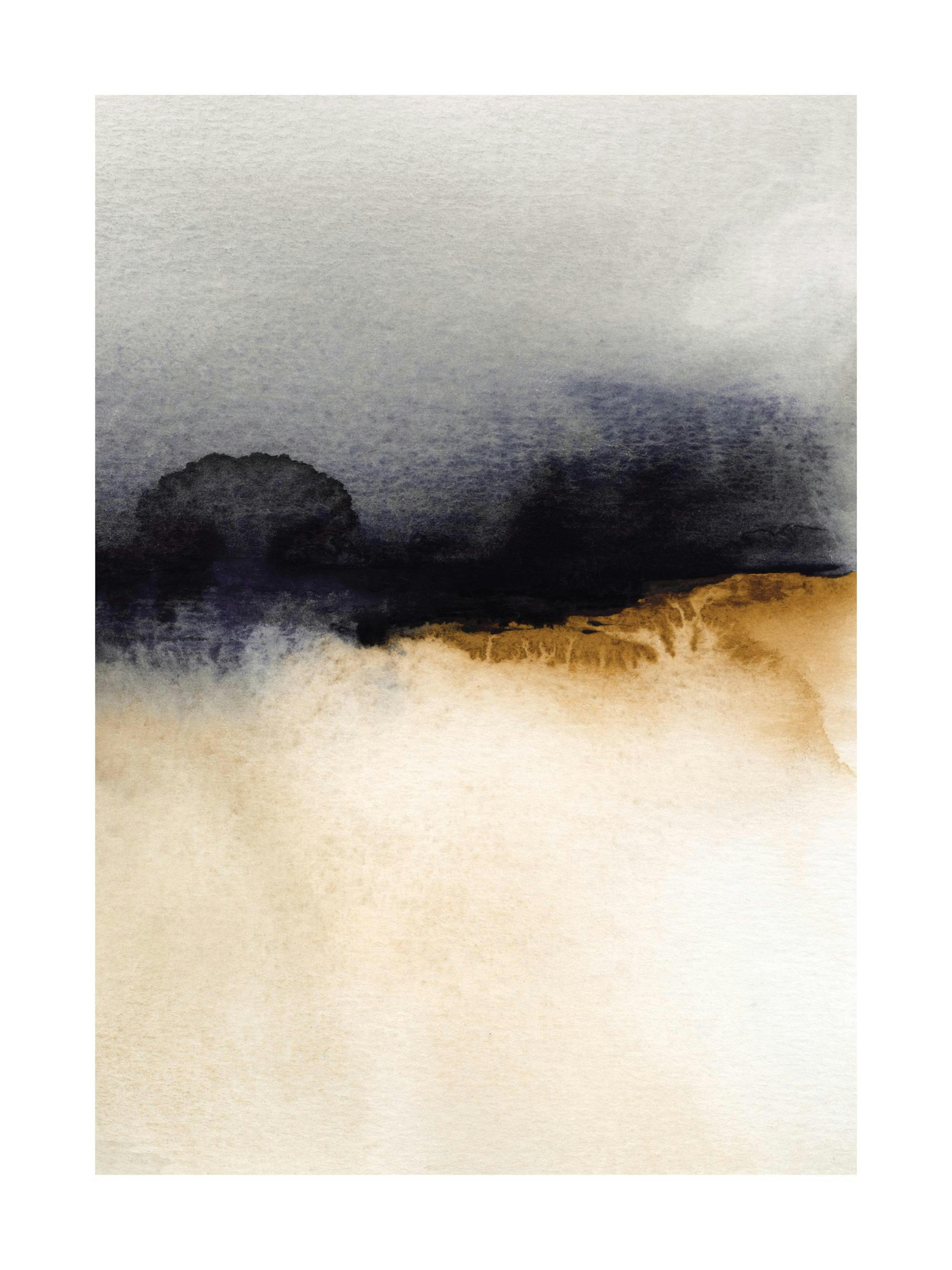 Abstract watercolor print with grey, black/blue, and beige/brown colors. Modern wall poster art print.