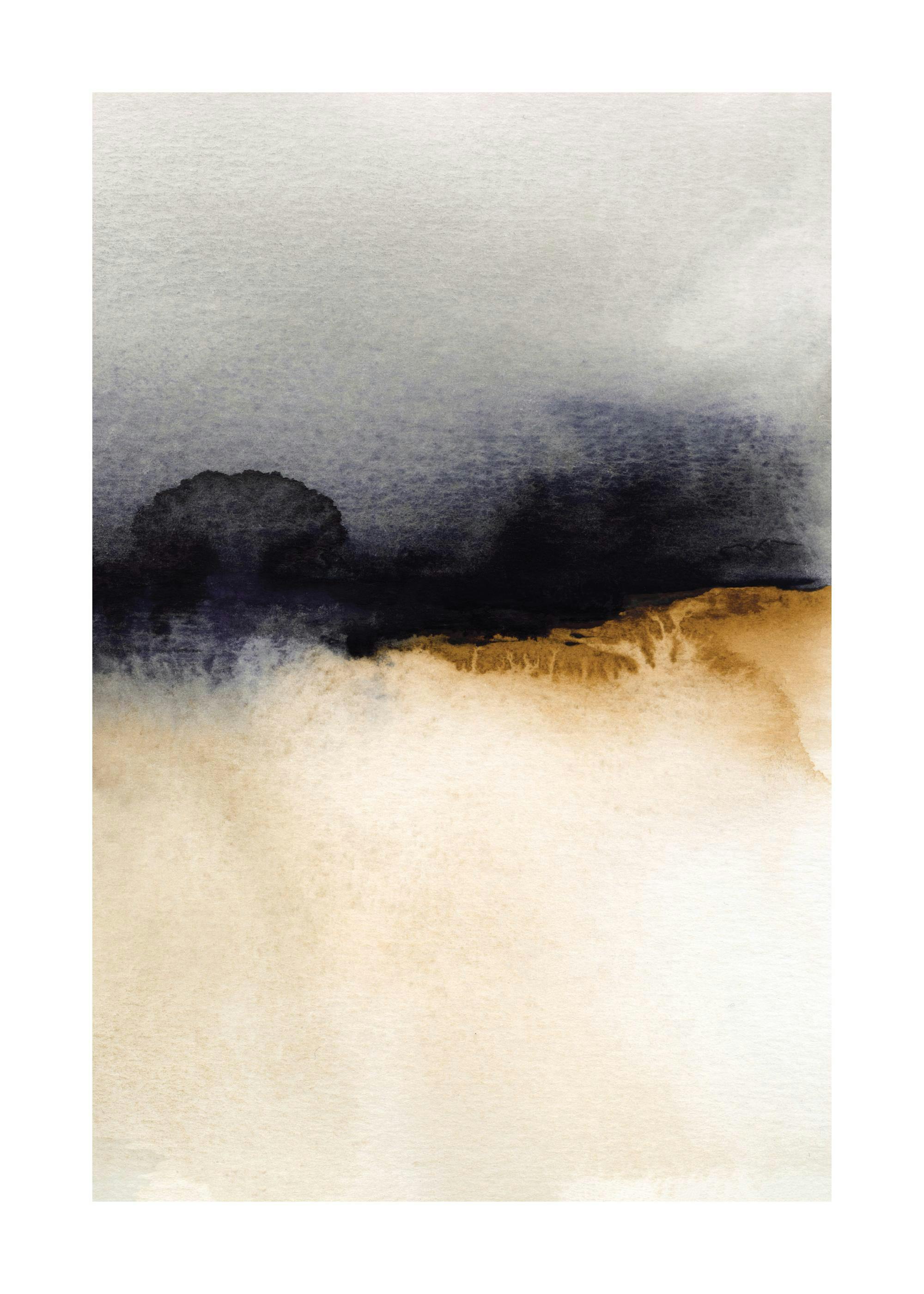 Abstract watercolour poster with shades of grey, black, blue, beige, and brown blending together.