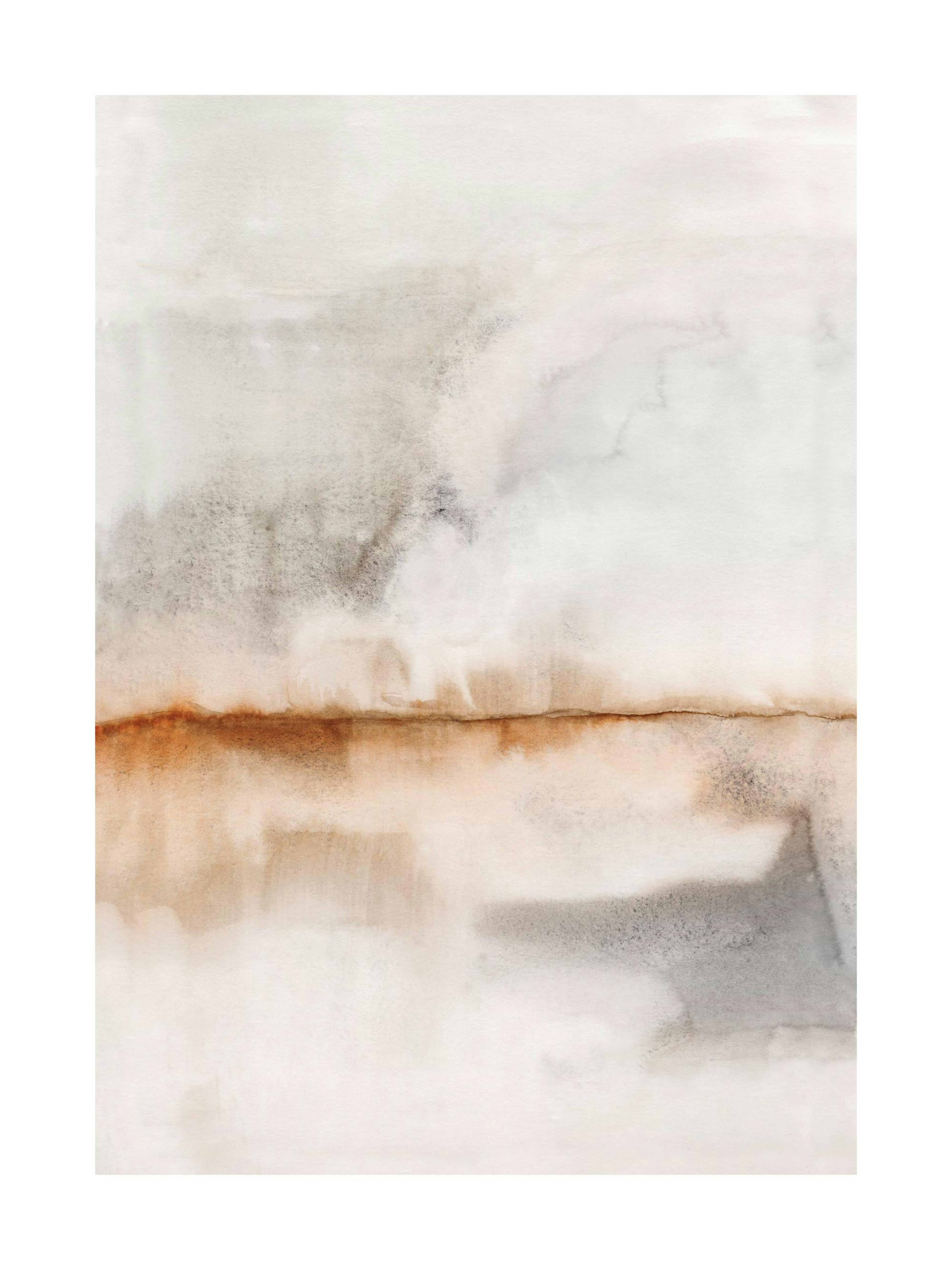 Póster acuarela neutra con tonos beis, gris y hueso, línea marrón horizontal, arte abstracto apacible.