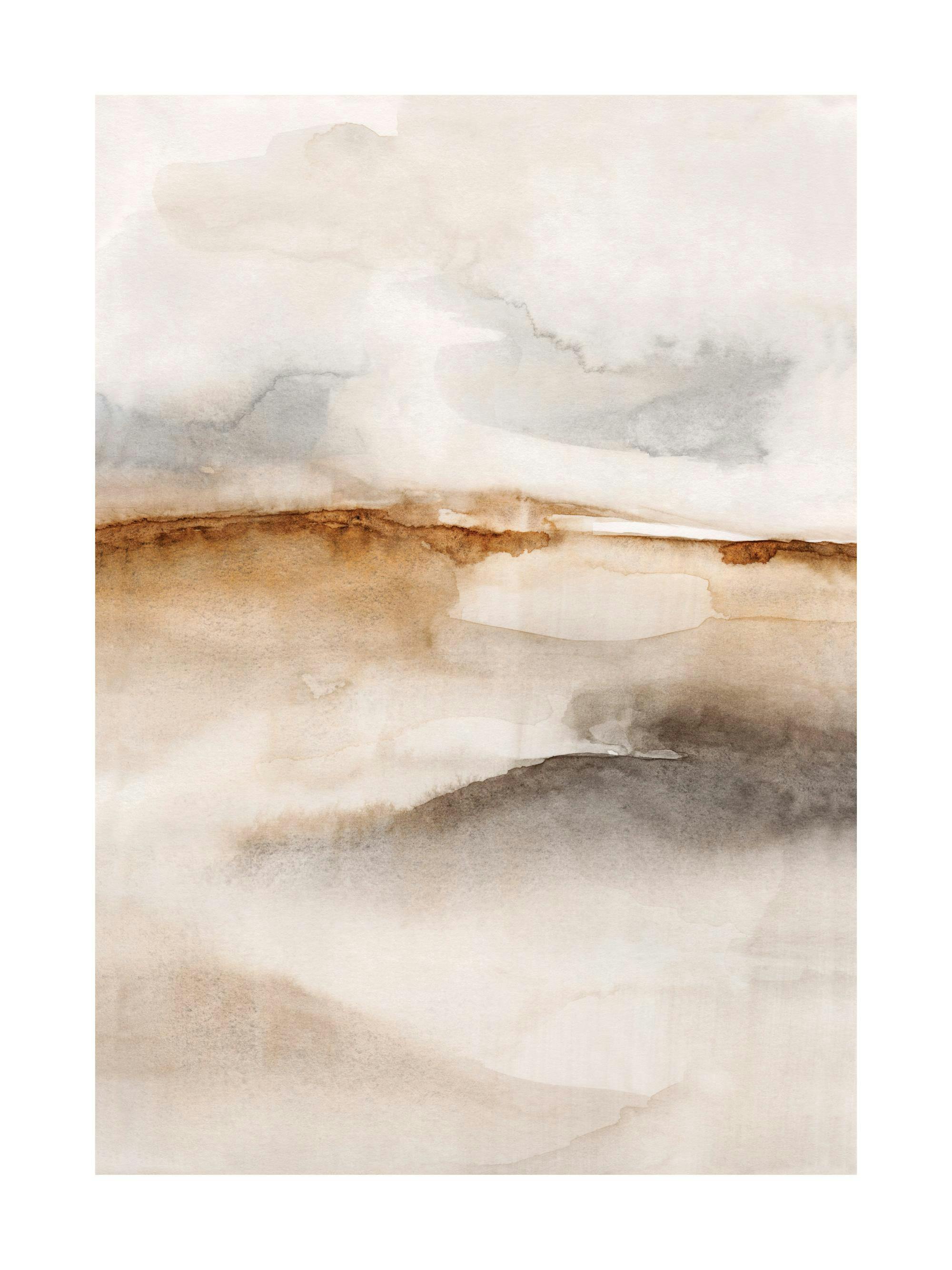 Abstrakt akvarellkonst i neutrala färger med beige, grått och benvitt, inklusive en mörkbrun horisontlinje.